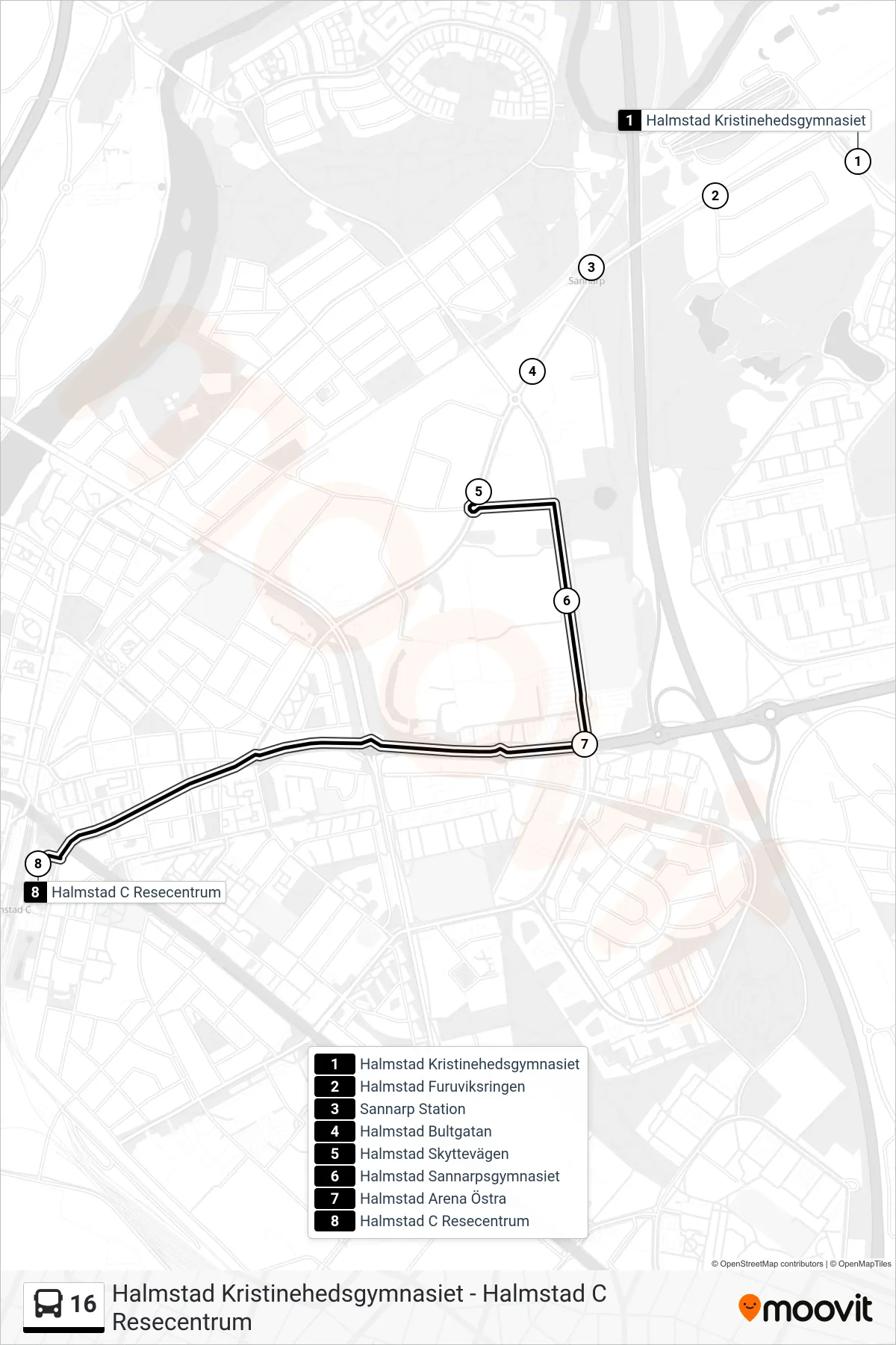Rutt och hållplatser på karta för linje 16 spårvagn, (Halmstad C Resecentrum)