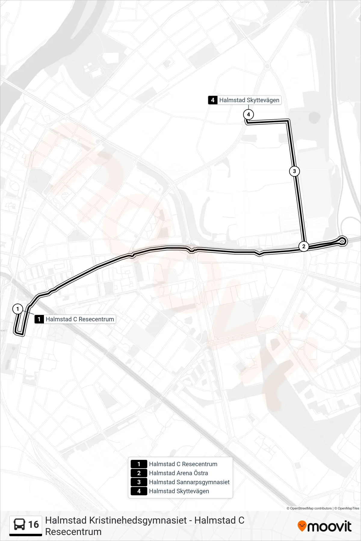 Rutt och hållplatser på karta för linje 16 spårvagn, (Halmstad Skyttevägen)