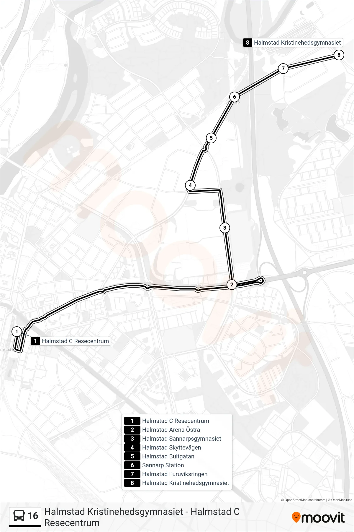 Rutt och hållplatser på karta för linje 16  spårvagn, (Halmstad Kristinehedsgymnasiet)