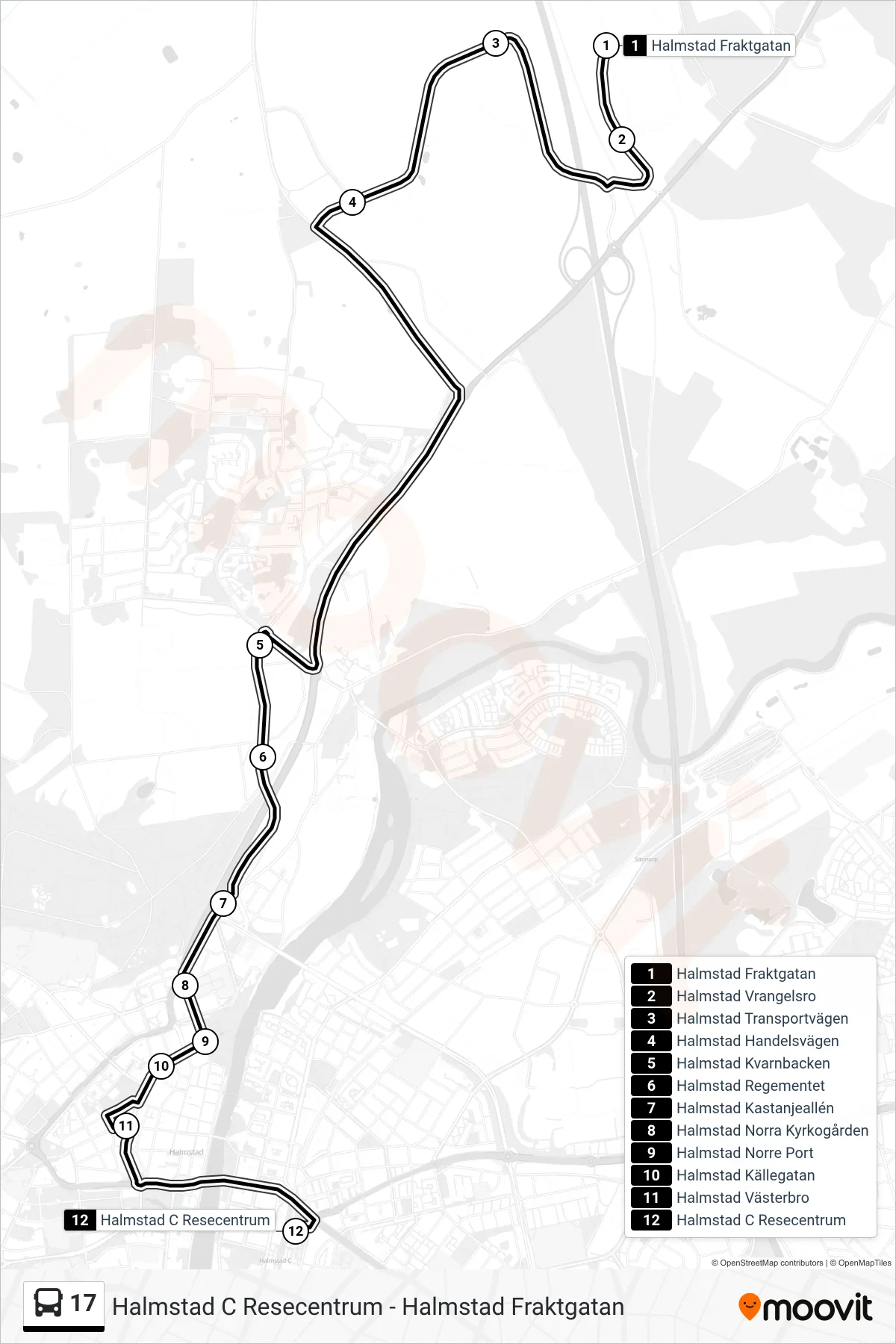Rutt och hållplatser på karta för linje 17  spårvagn, (Halmstad C Resecentrum)