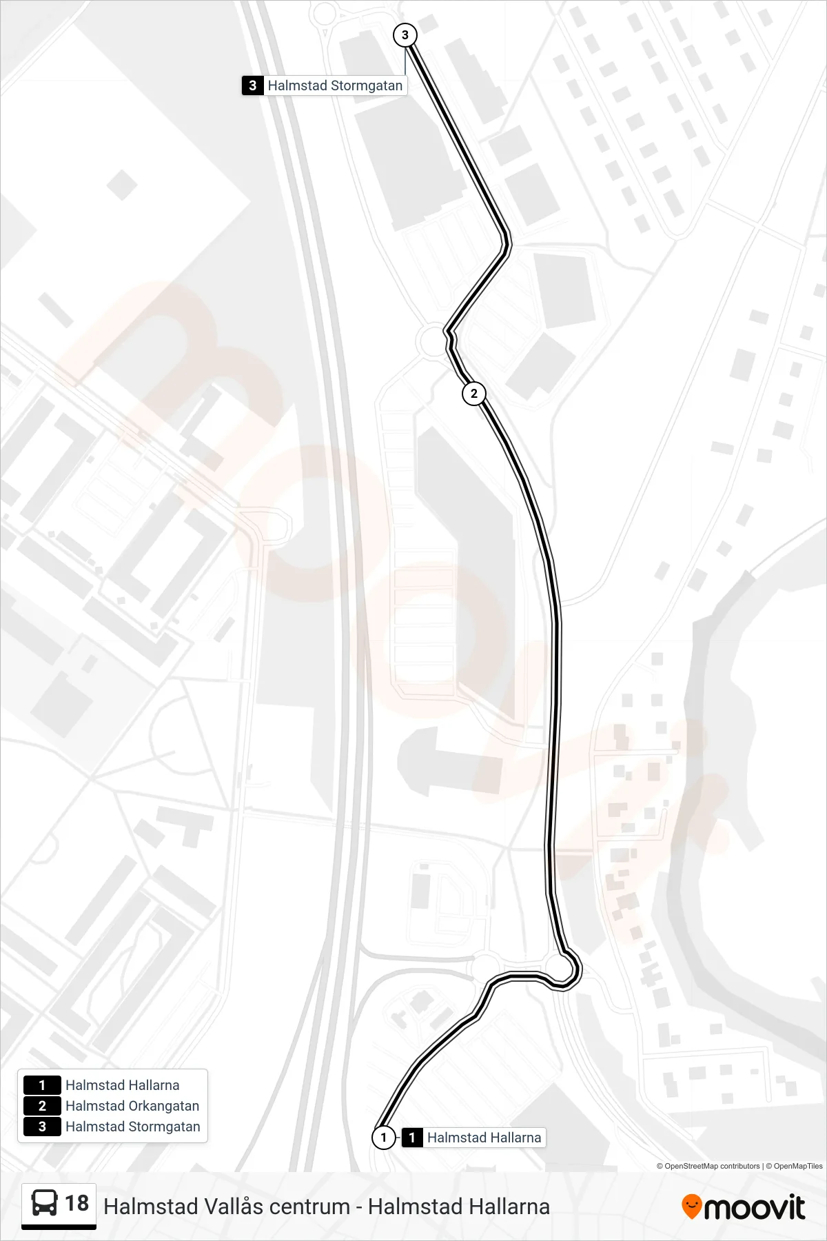 Rutt och hållplatser på karta för linje 18  spårvagn, (Halmstad Stormgatan)