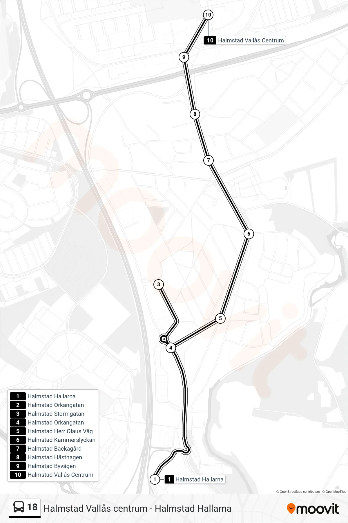 Rutt och hållplatser på karta för linje 18  spårvagn, (Halmstad Vallås Centrum)