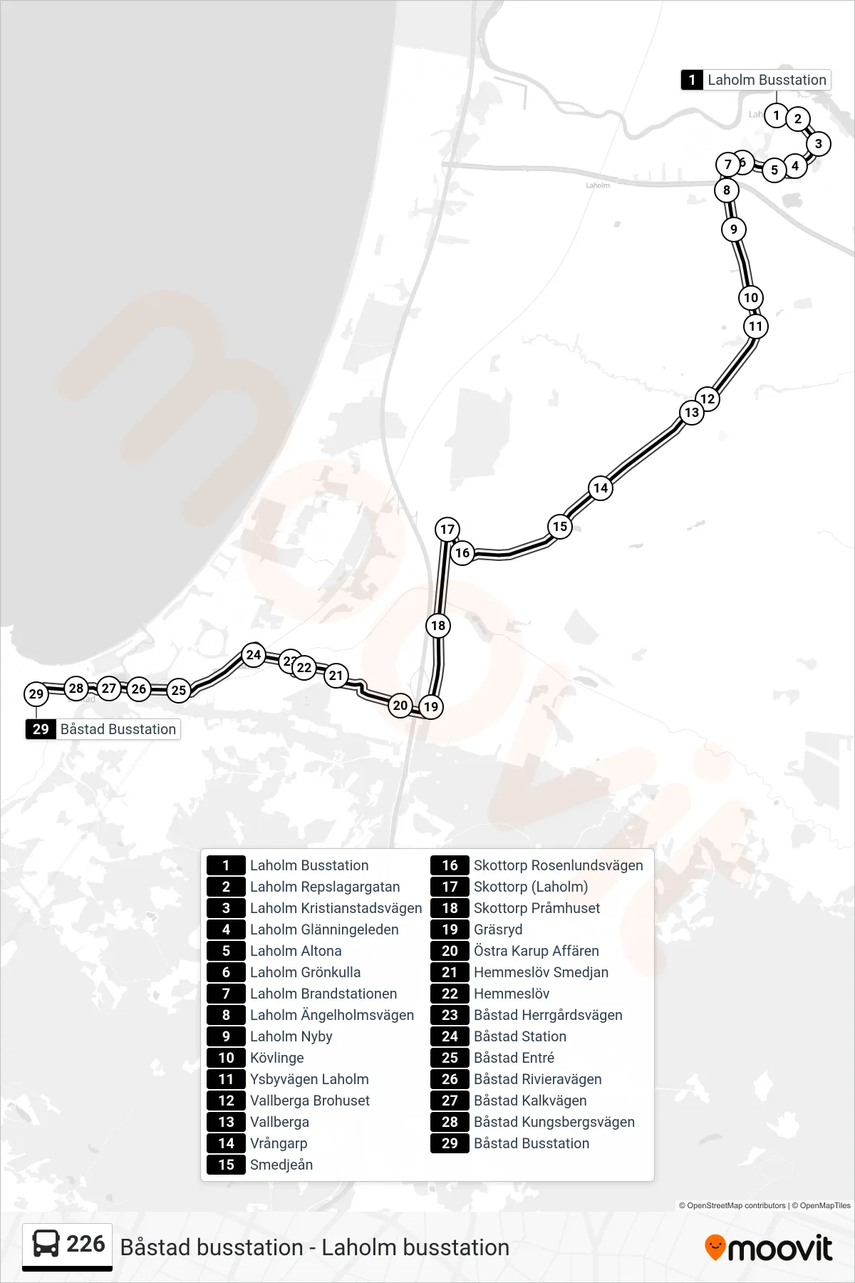 Rutt och hållplatser på karta för linje 226  spårvagn, (Båstad Busstation)