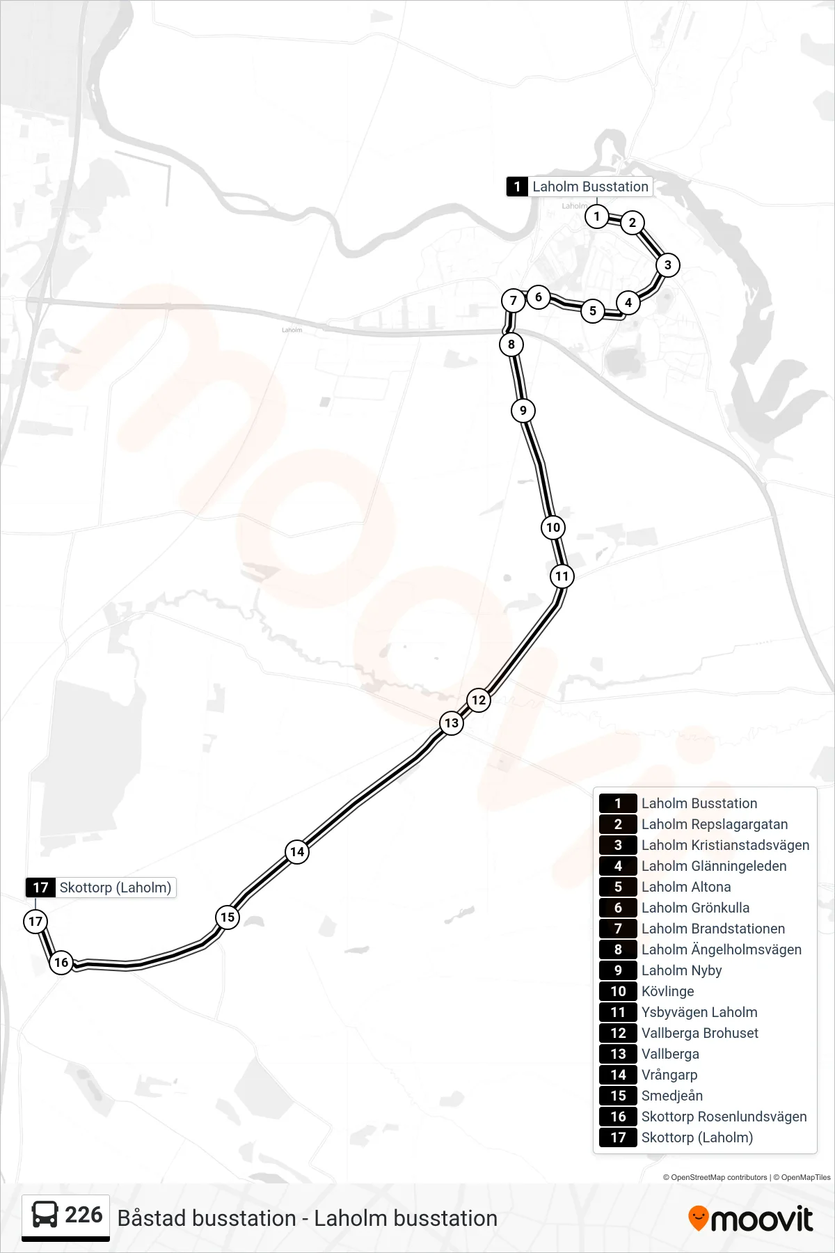 Rutt och hållplatser på karta för linje 226 spårvagn, (Skottorp (Laholm))