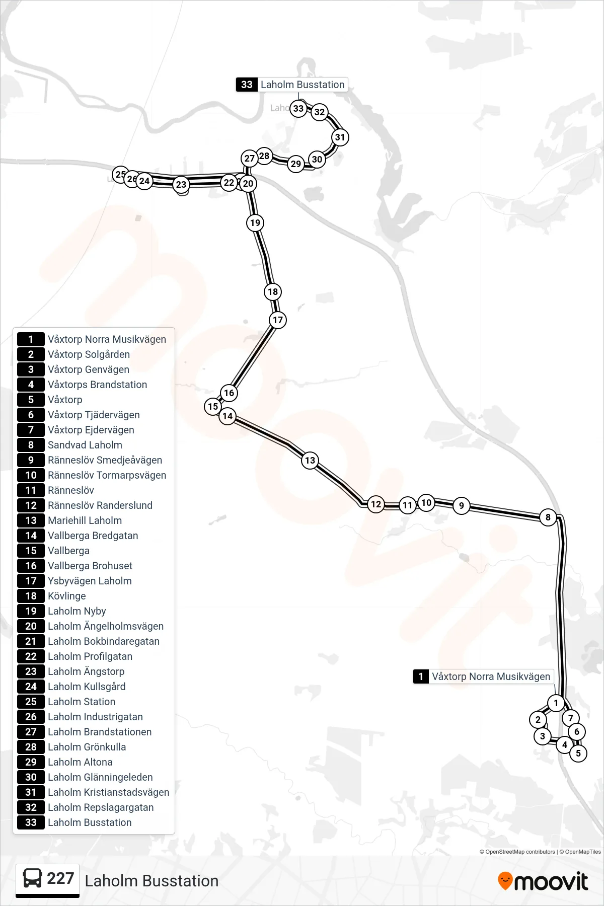 Rutt och hållplatser på karta för linje 227 spårvagn, (Laholm Busstation)