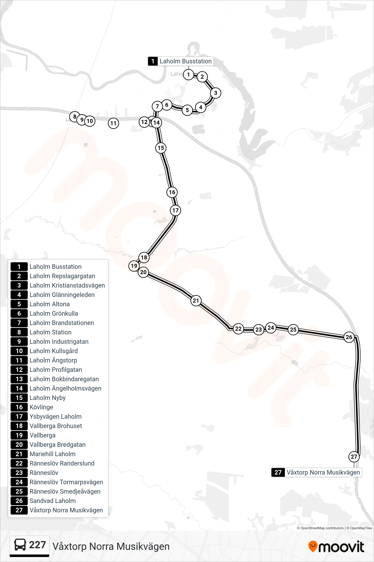 Rutt och hållplatser på karta för linje 227 spårvagn, (Våxtorp Norra Musikvägen)