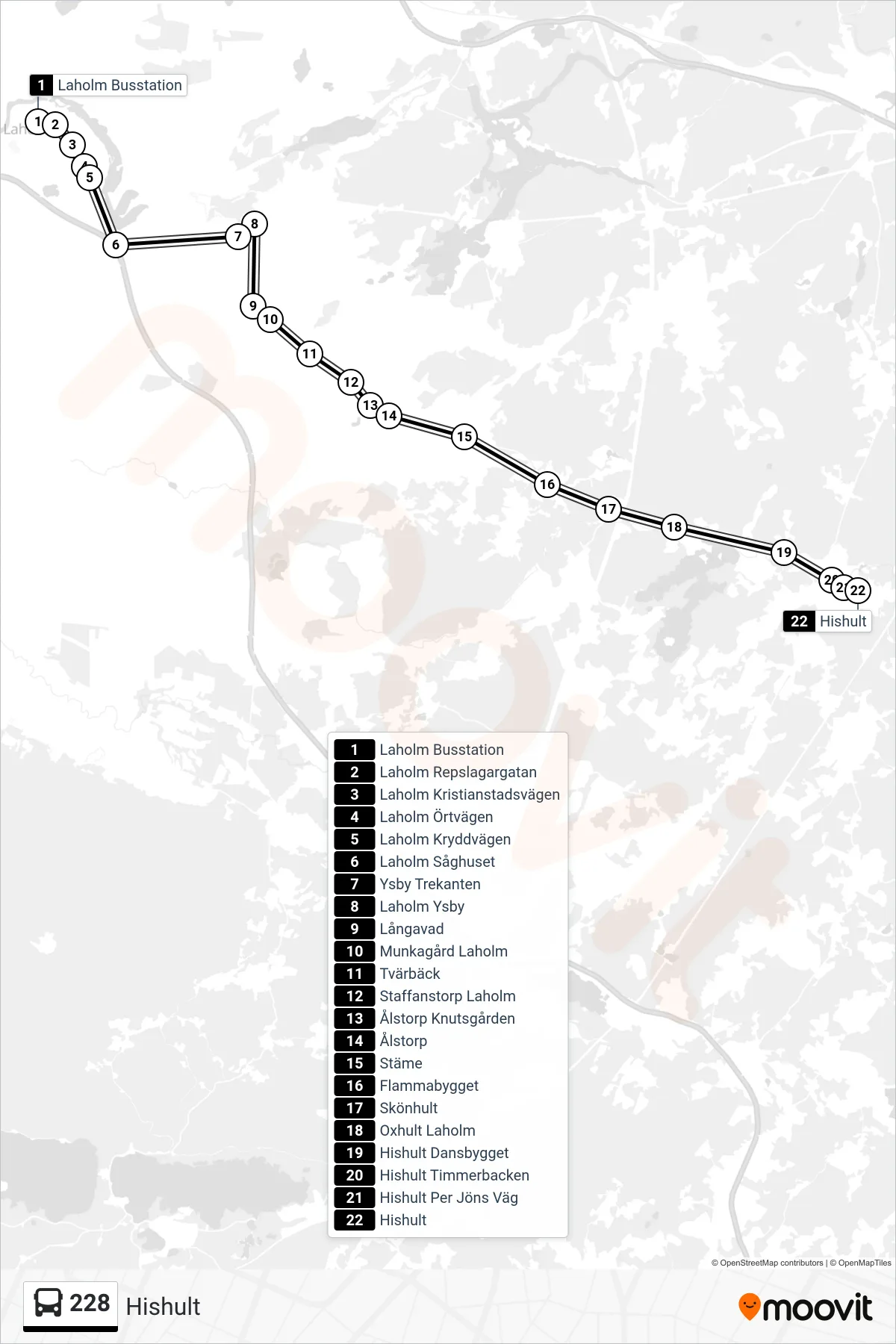 Rutt och hållplatser på karta för linje 228 spårvagn, (Hishult)