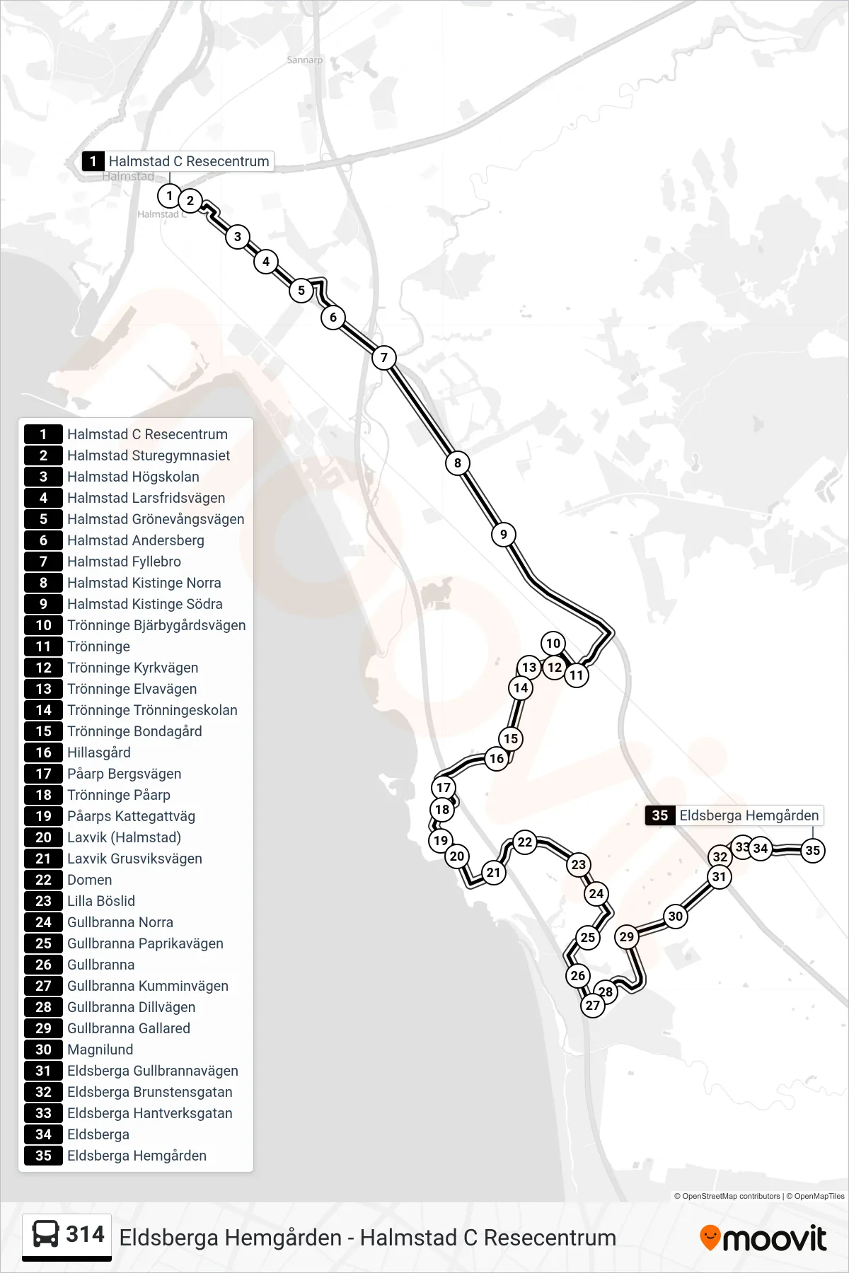 Rutt och hållplatser på karta för linje 314  spårvagn, (Eldsberga Hemgården)