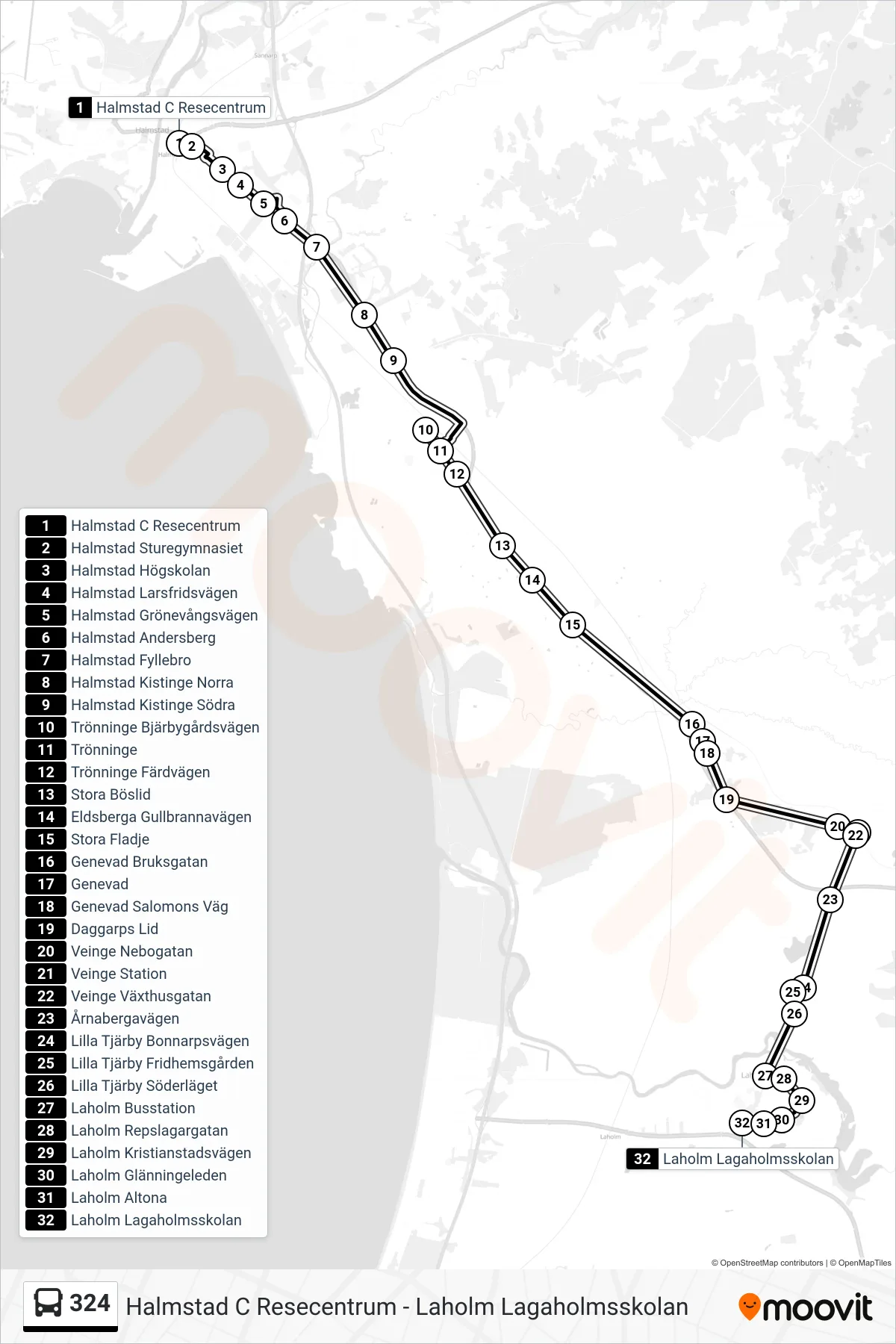 Rutt och hållplatser på karta för linje 324 spårvagn, (Laholm Lagaholmsskolan)