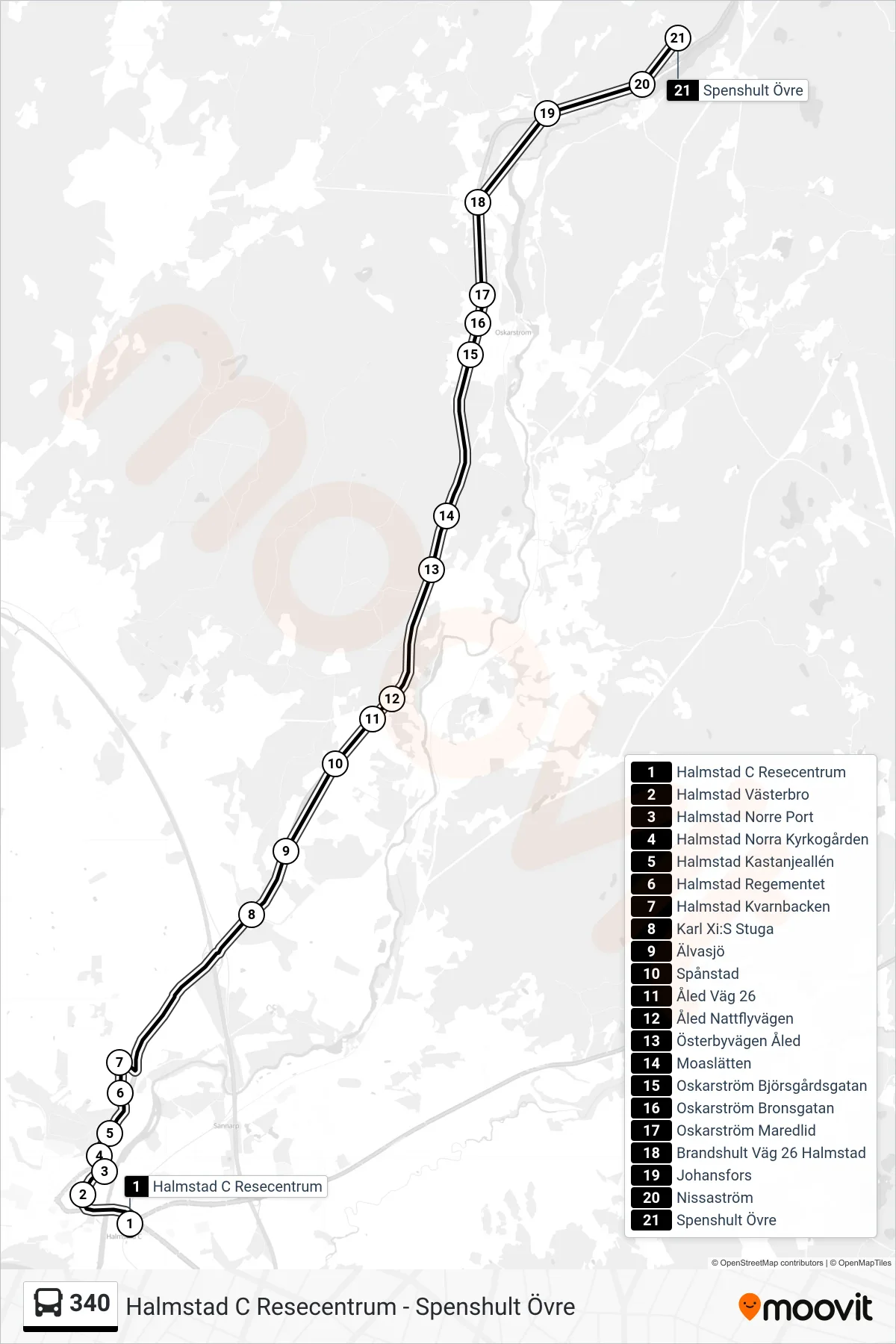Rutt och hållplatser på karta för linje 340  spårvagn, (Spenshult Övre)