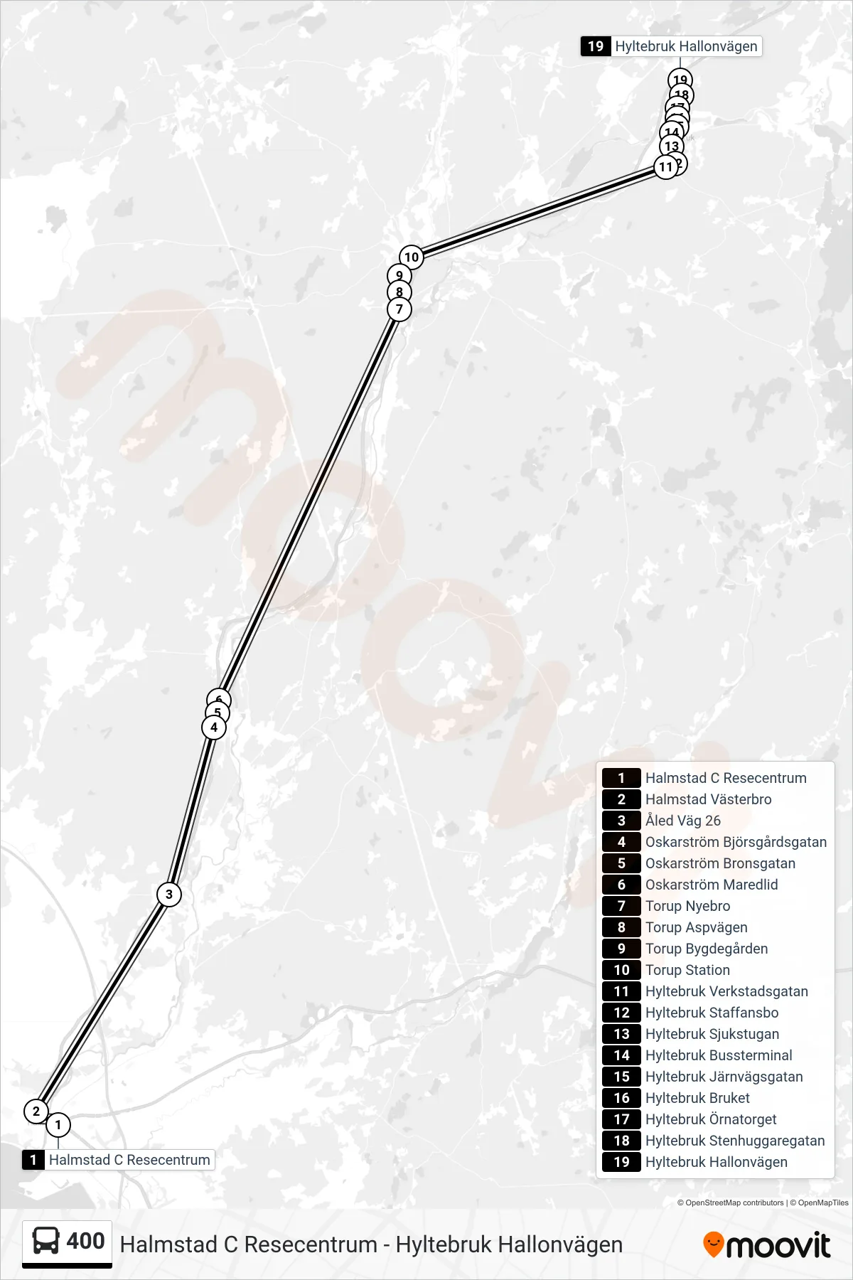 Rutt och hållplatser på karta för linje 400 spårvagn, (Hyltebruk Hallonvägen)