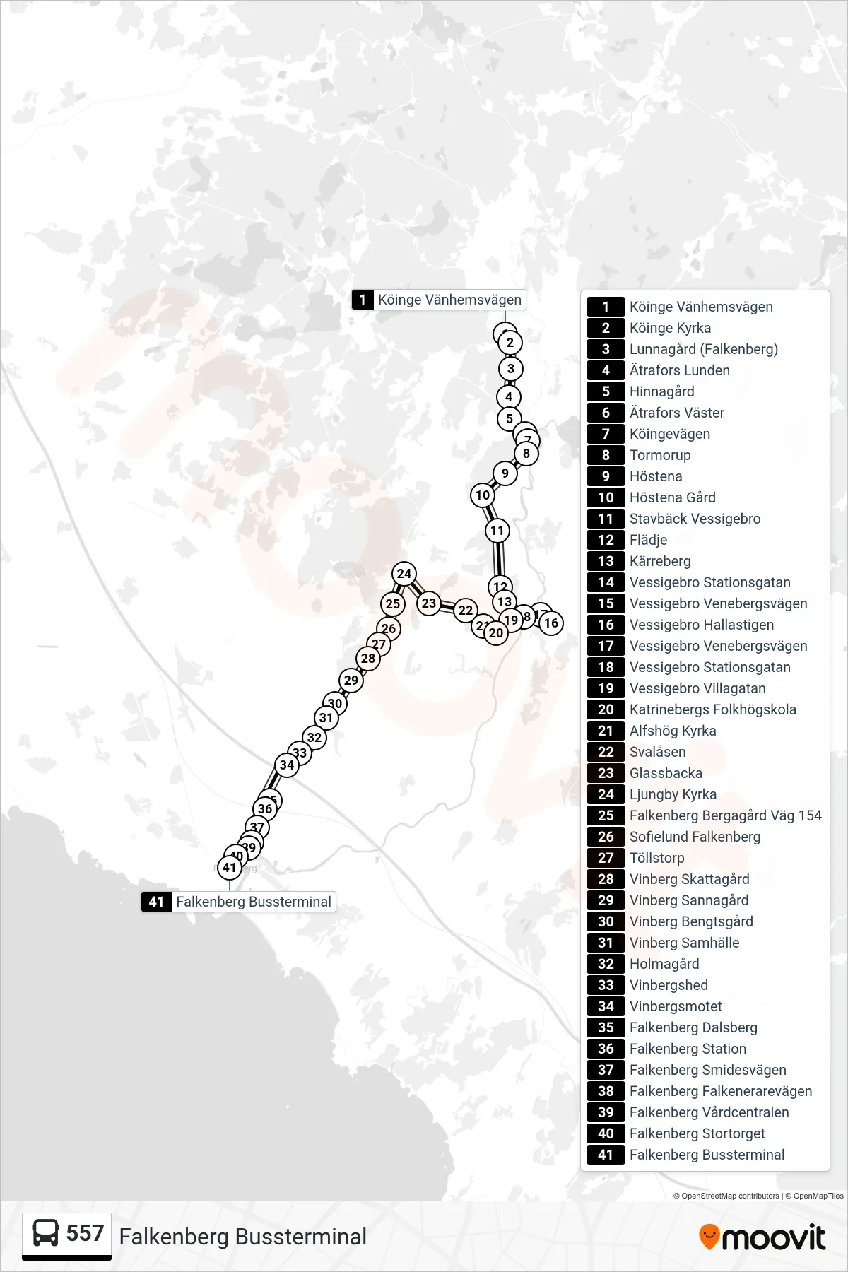 Rutt och hållplatser på karta för linje 557  spårvagn, (Falkenberg Bussterminal)