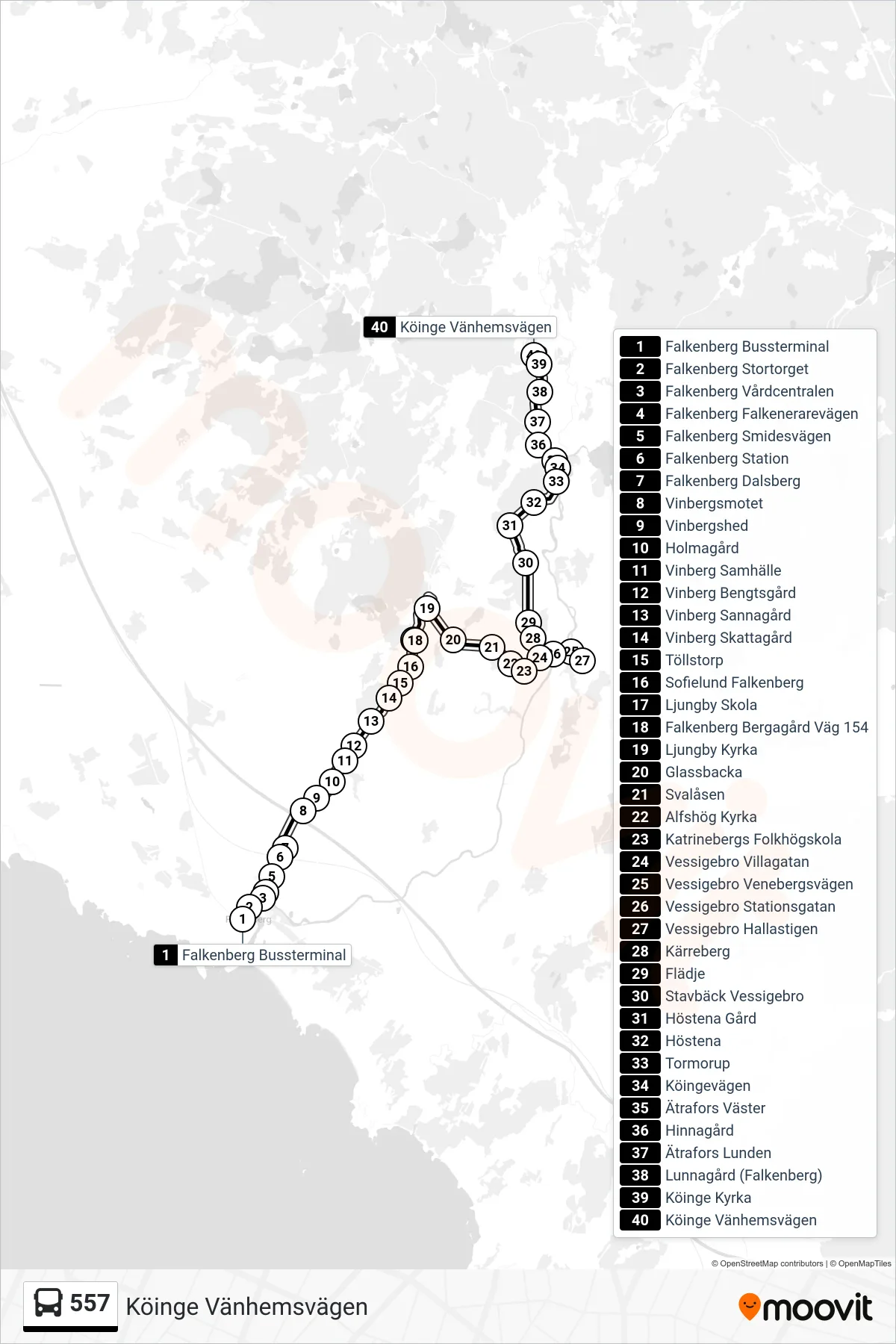 Rutt och hållplatser på karta för linje 557 spårvagn, (Köinge Vänhemsvägen)