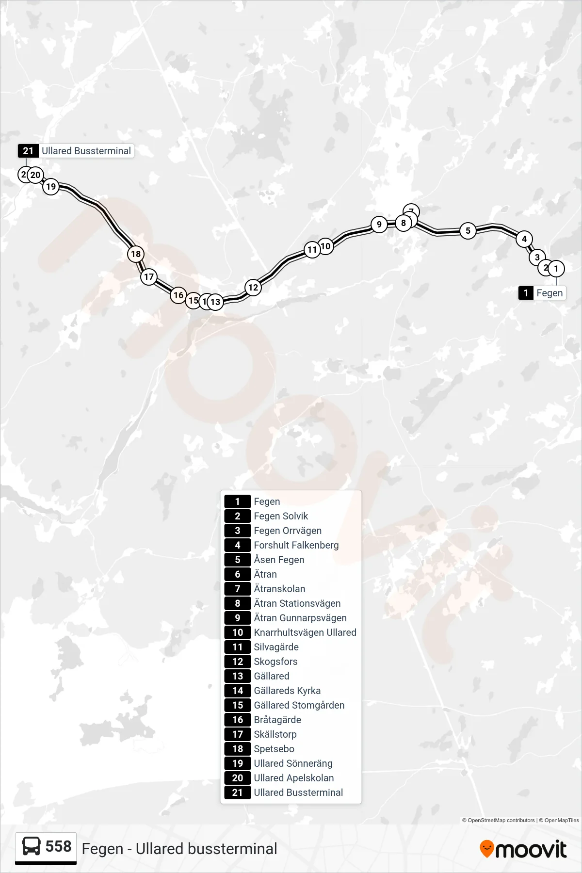 Rutt och hållplatser på karta för linje 558 spårvagn, (Ullared Bussterminal)