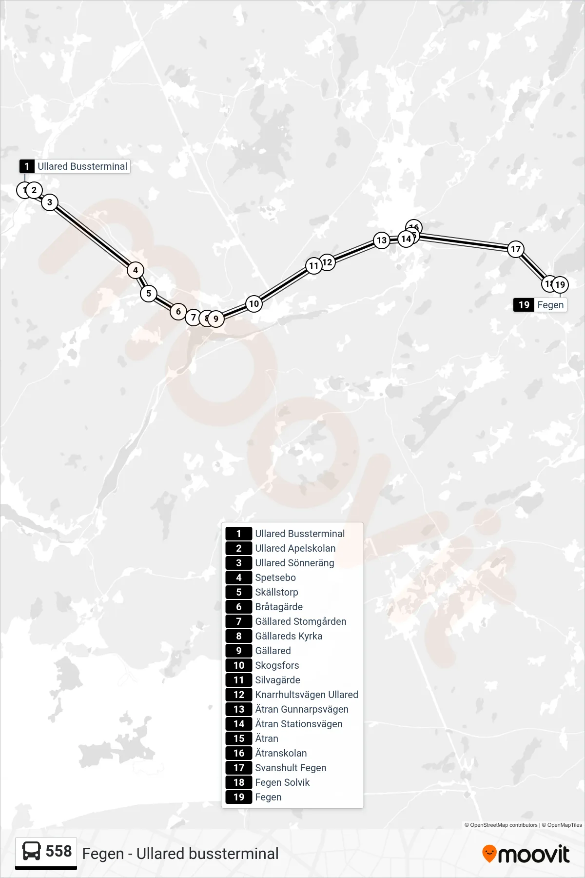 Rutt och hållplatser på karta för linje 558 spårvagn, (Fegen)