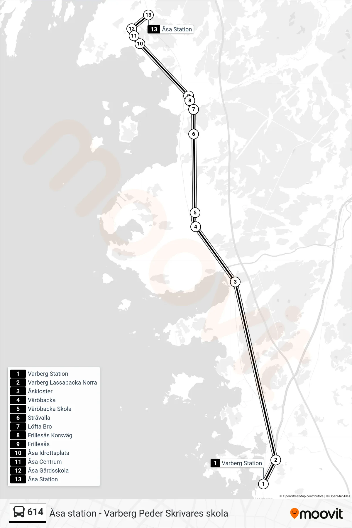 Rutt och hållplatser på karta för linje 614 spårvagn, (Åsa Station)