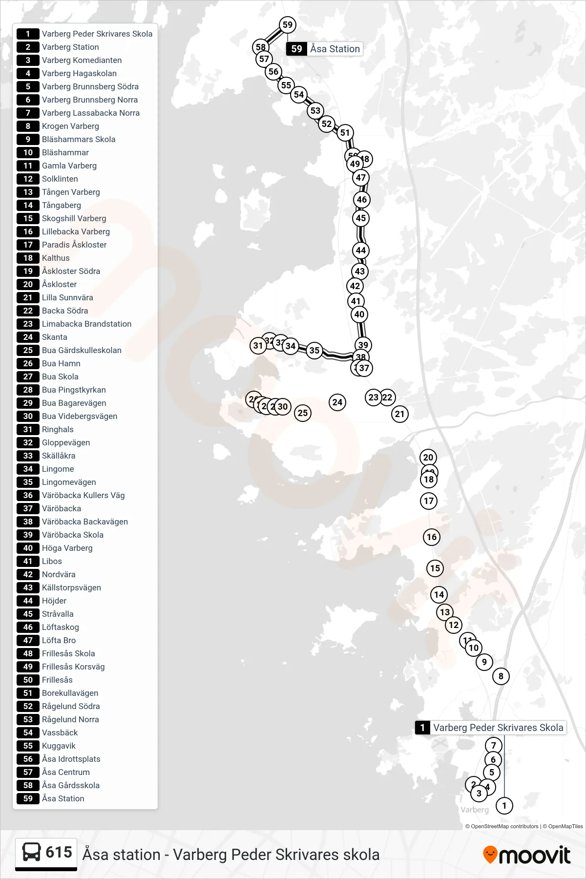 Rutt och hållplatser på karta för linje 615 spårvagn, (Åsa Station)