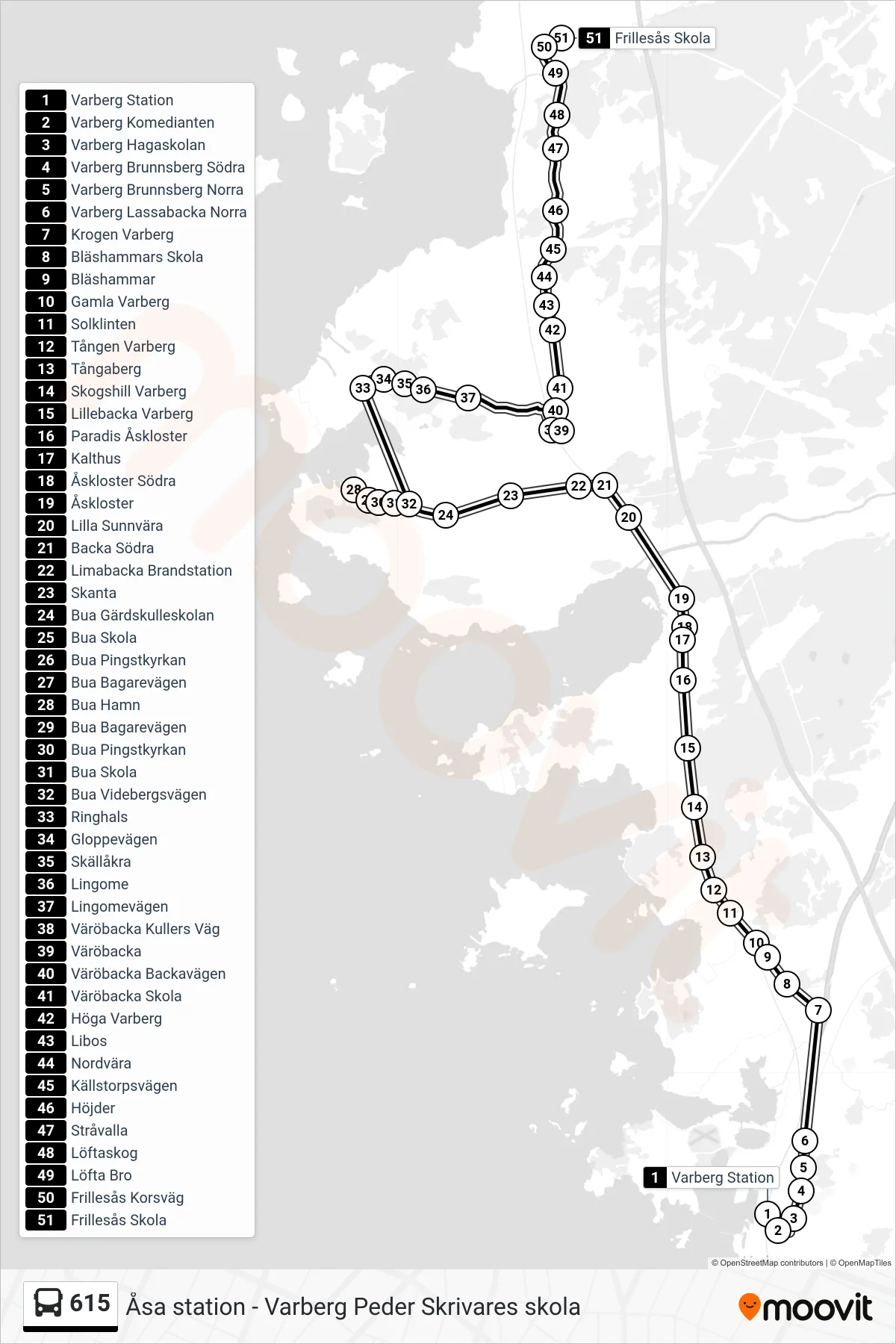 Rutt och hållplatser på karta för linje 615 spårvagn, (Frillesås Skola)