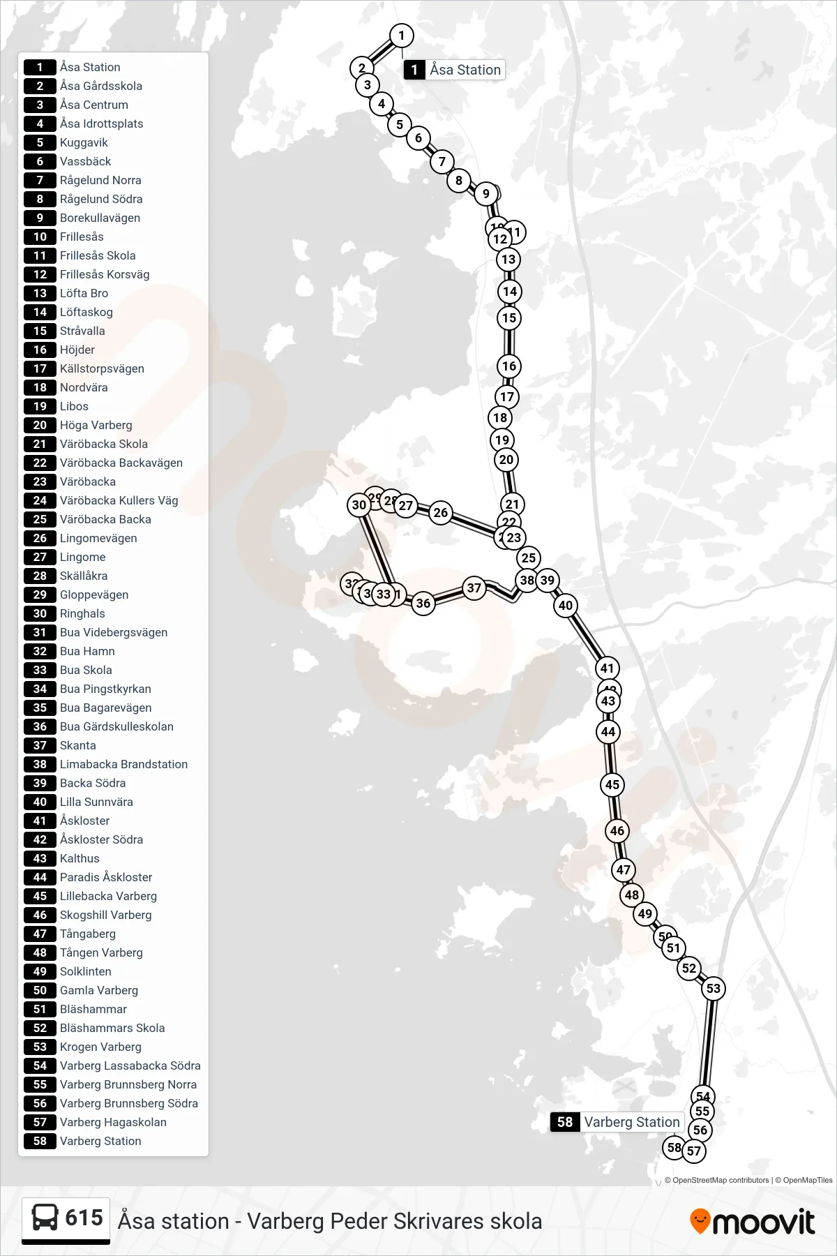 Rutt och hållplatser på karta för linje 615  spårvagn, (Varberg Station)