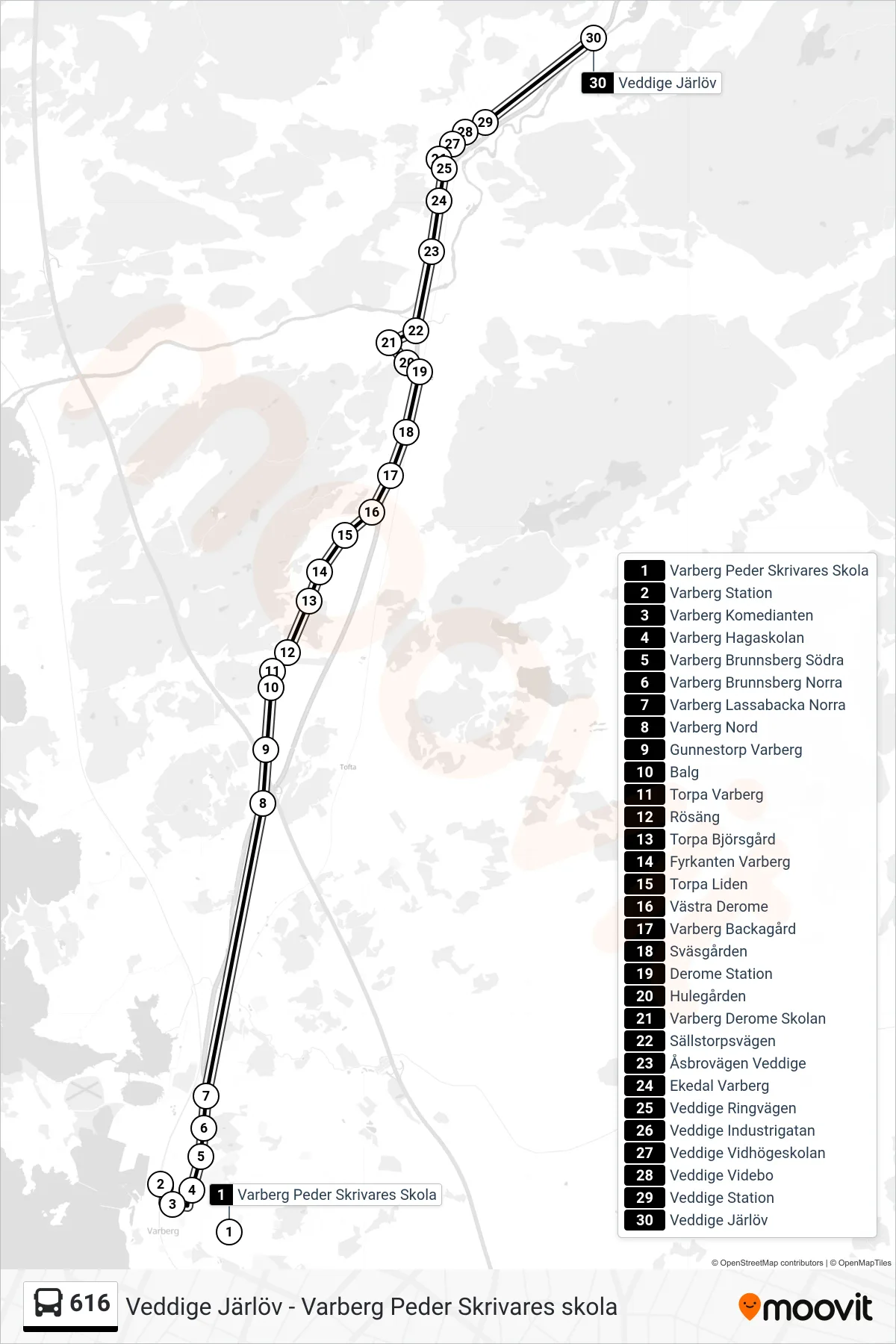 Rutt och hållplatser på karta för linje 616 spårvagn, (Veddige Järlöv)