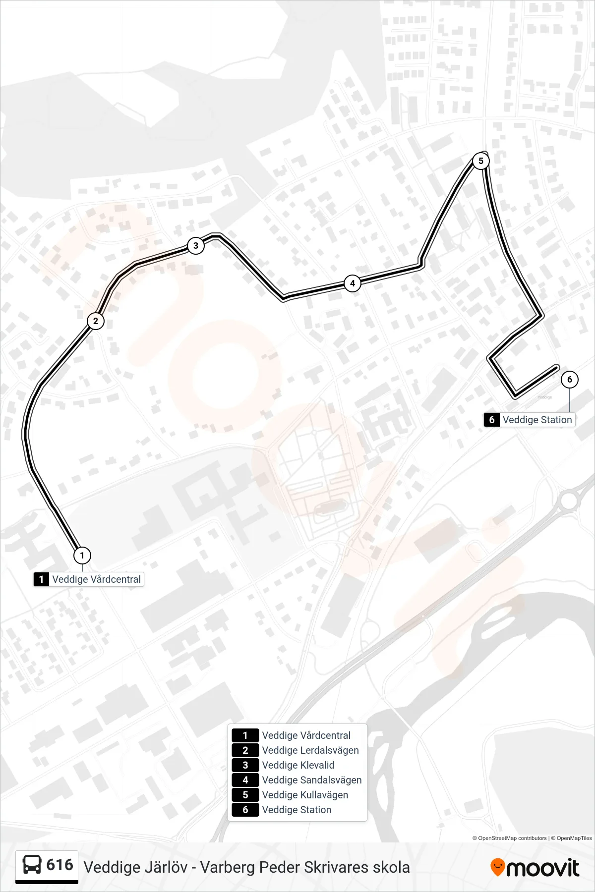 Rutt och hållplatser på karta för linje 616 spårvagn, (Veddige Station)