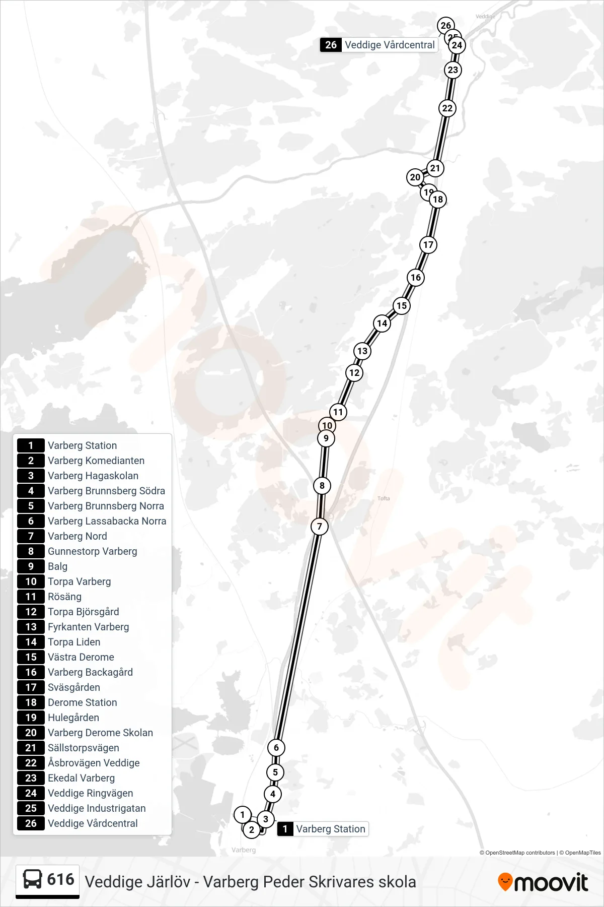 Rutt och hållplatser på karta för linje 616 spårvagn, (Veddige Vårdcentral)