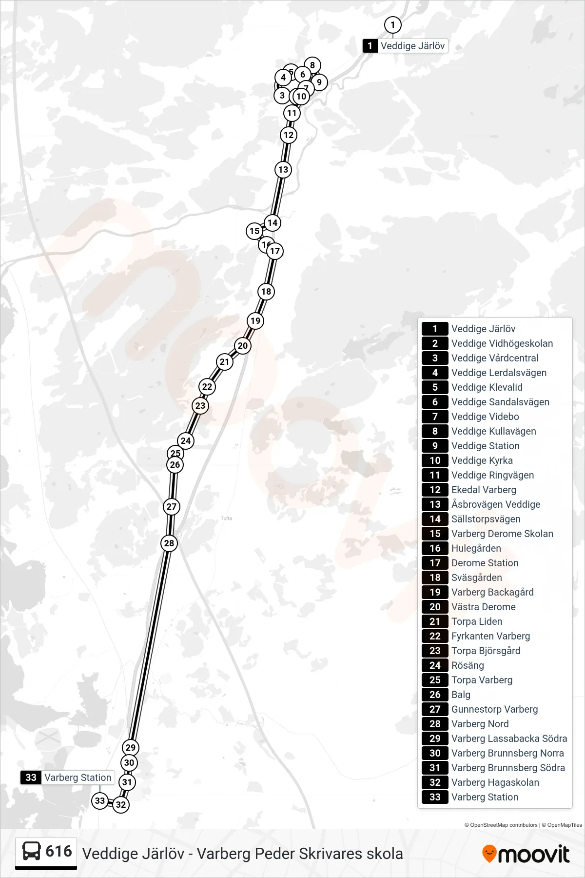 Rutt och hållplatser på karta för linje 616 spårvagn, (Varberg Station)