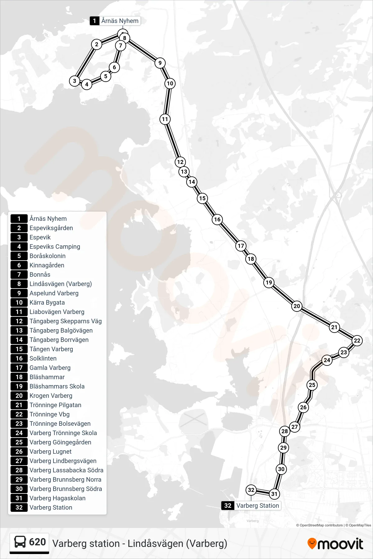 Rutt och hållplatser på karta för linje 620 spårvagn, (Varberg Station)