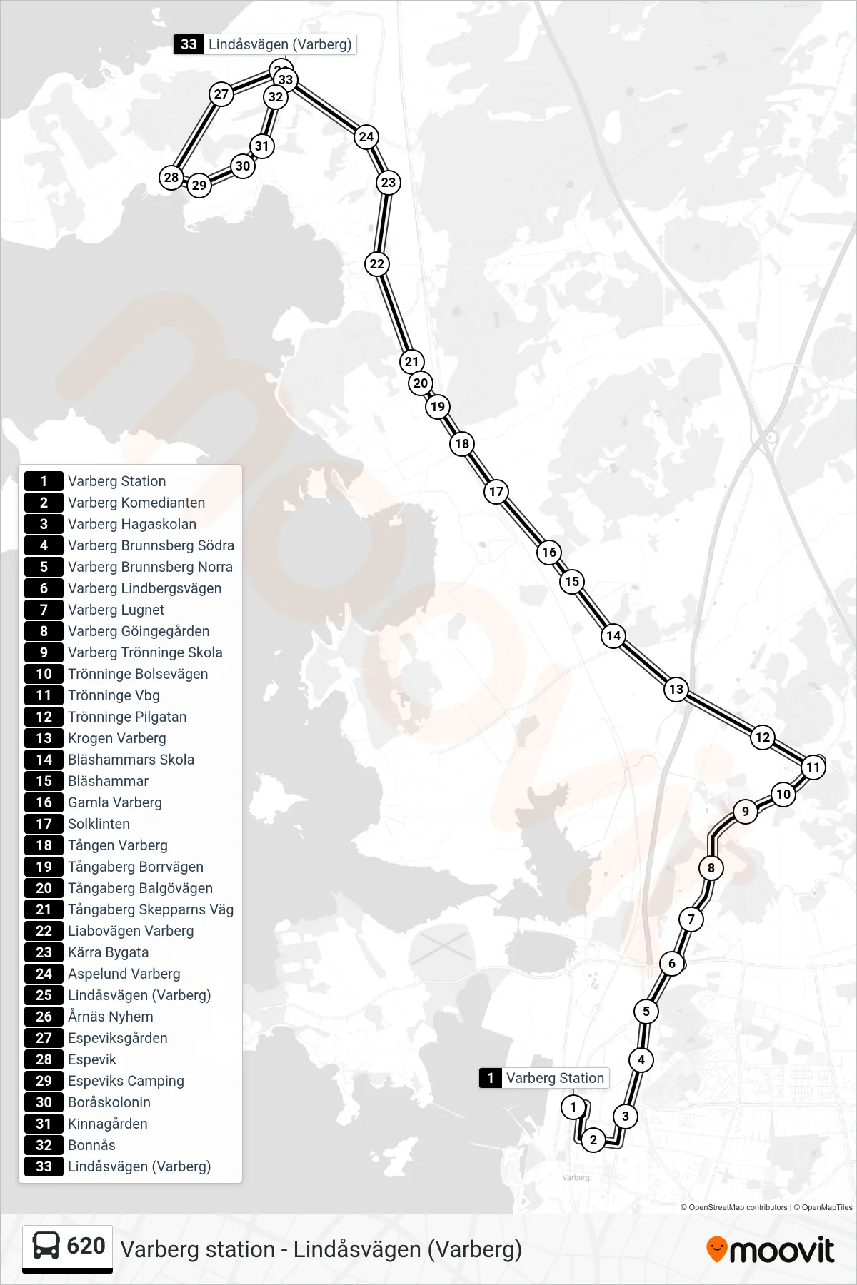 Rutt och hållplatser på karta för linje 620  spårvagn, (Lindåsvägen (Varberg))