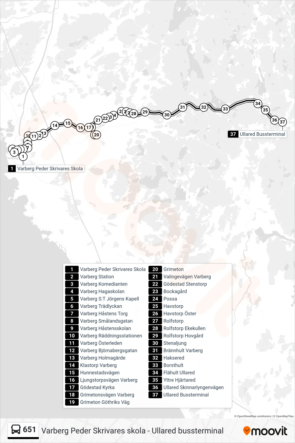 Rutt och hållplatser på karta för linje 651  spårvagn, (Ullared Bussterminal)