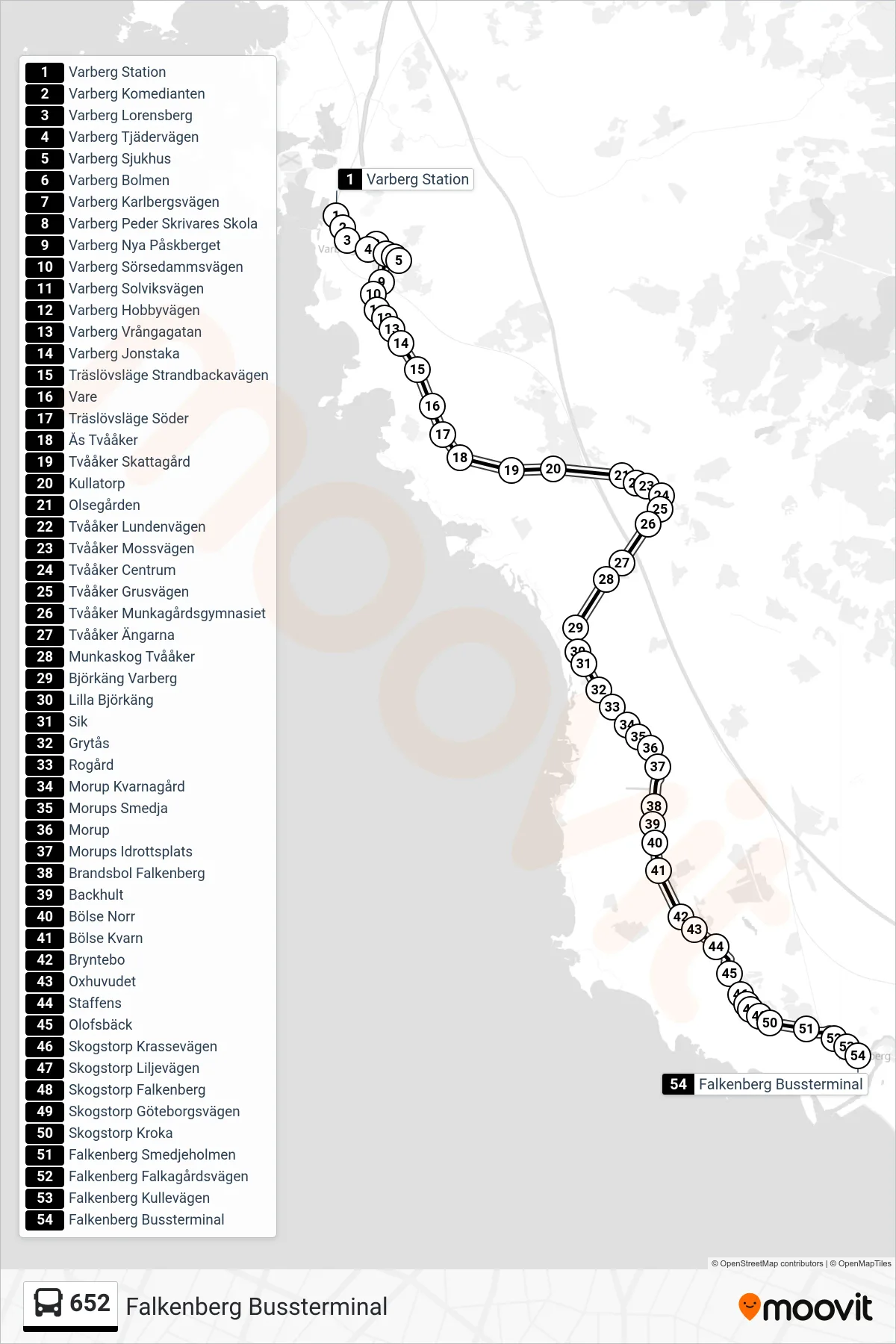 Rutt och hållplatser på karta för linje 652 spårvagn, (Falkenberg Bussterminal)