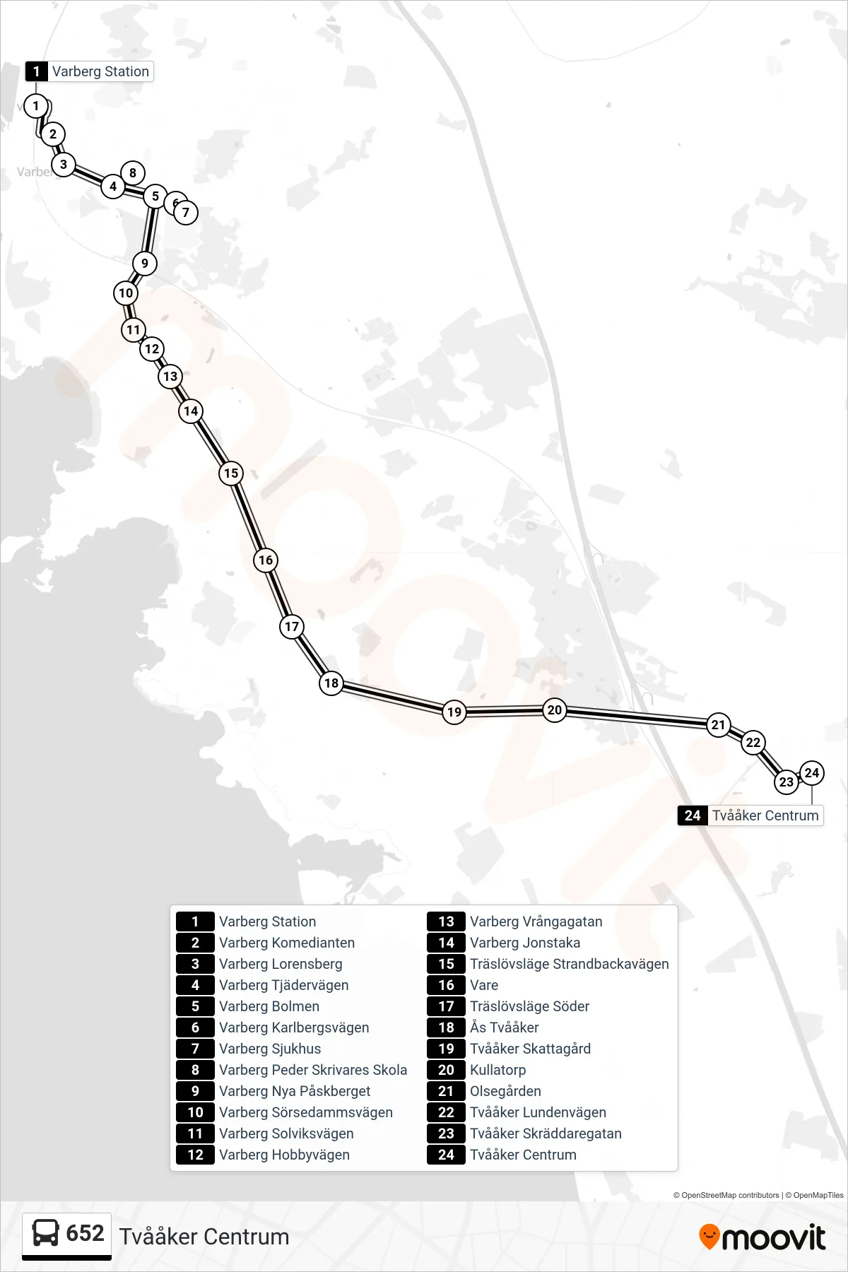 Rutt och hållplatser på karta för linje 652 spårvagn, (Tvååker Centrum)