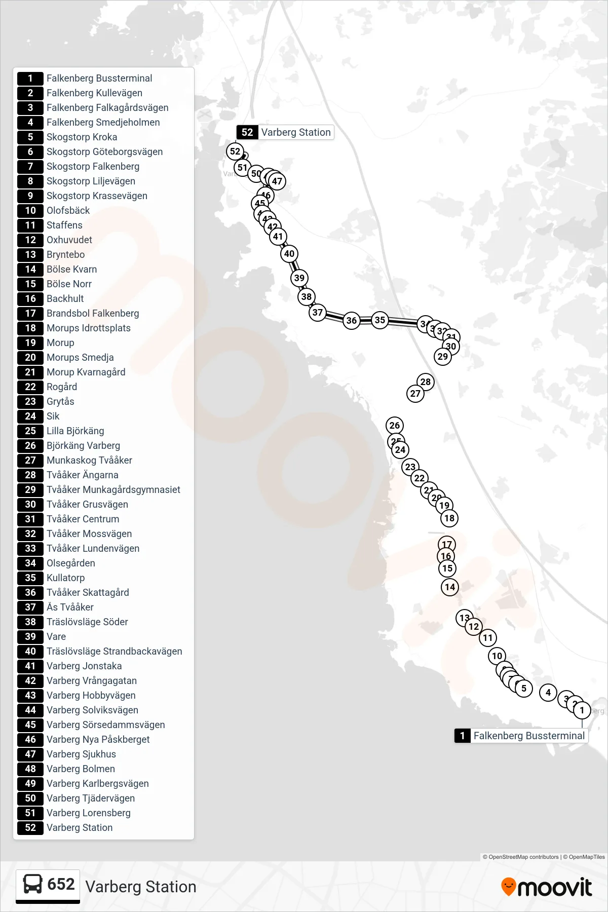 Rutt och hållplatser på karta för linje 652 spårvagn, (Varberg Station)