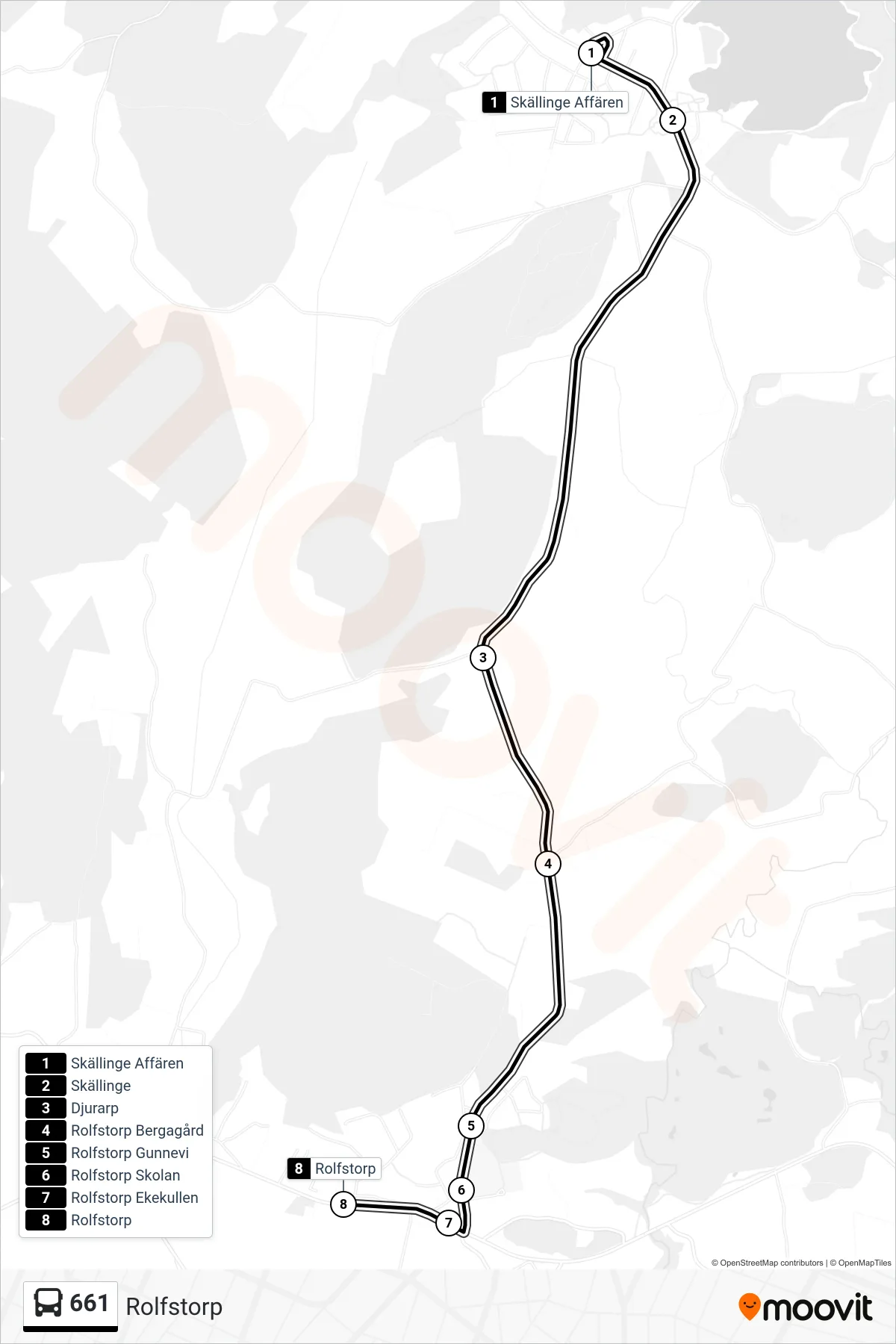 Rutt och hållplatser på karta för linje 661 spårvagn, (Rolfstorp)