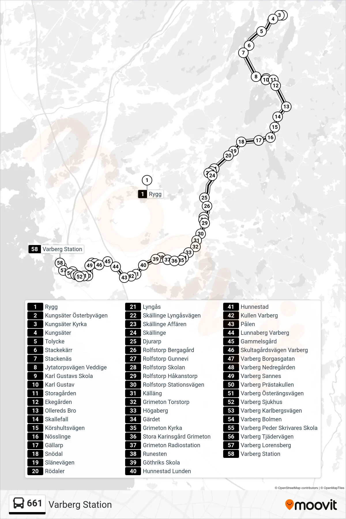 Rutt och hållplatser på karta för linje 661 spårvagn, (Varberg Station)
