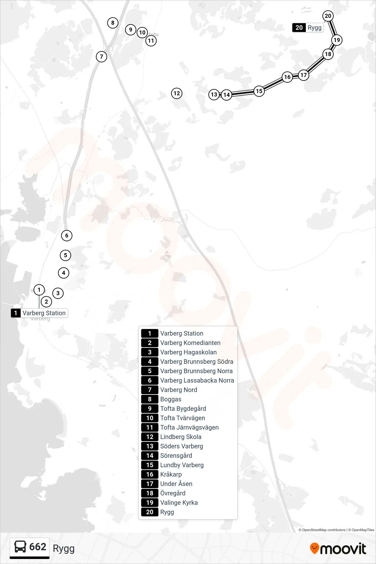 Rutt och hållplatser på karta för linje 662 spårvagn, (Rygg)