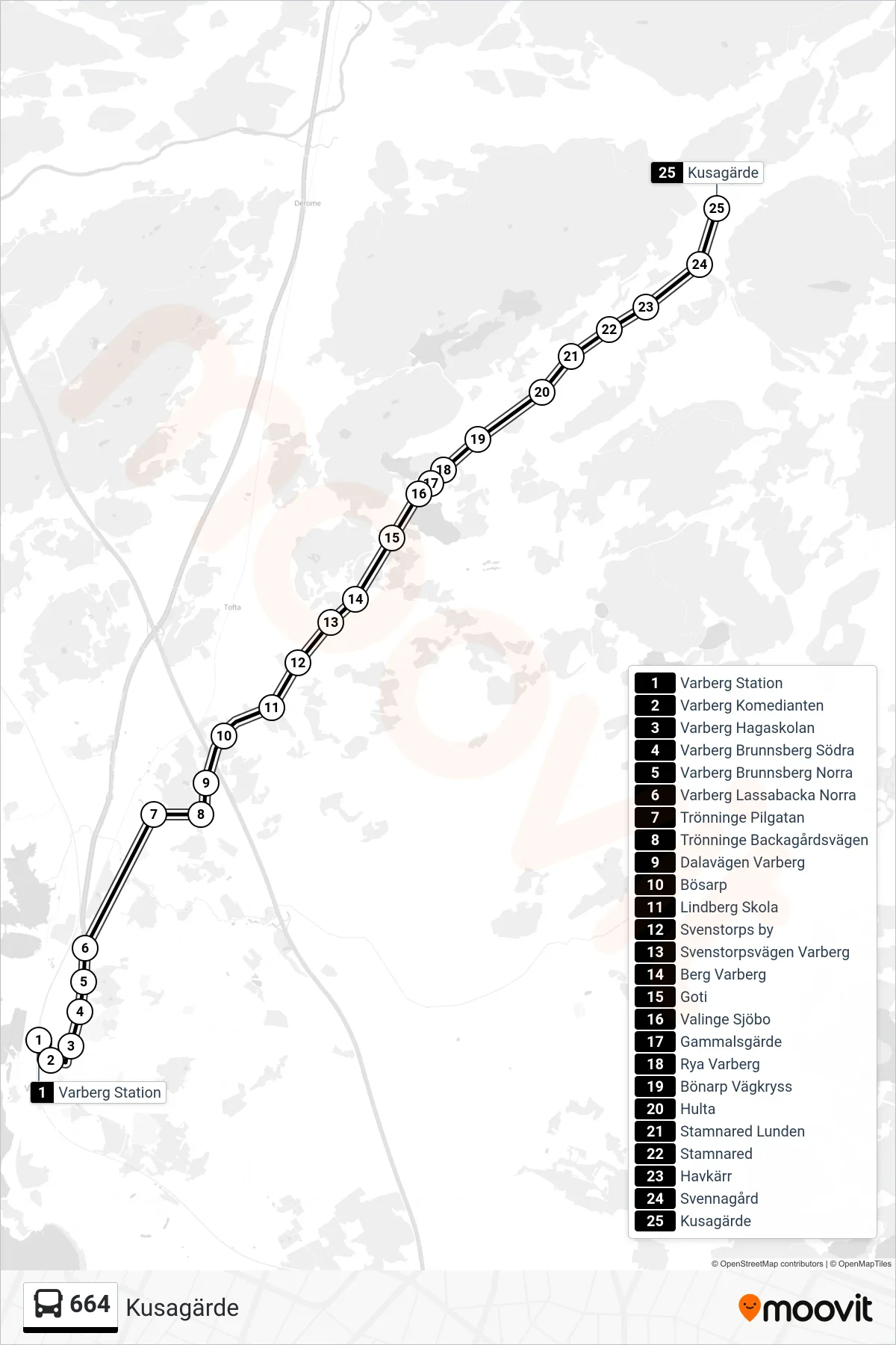 Rutt och hållplatser på karta för linje 664 spårvagn, (Kusagärde)