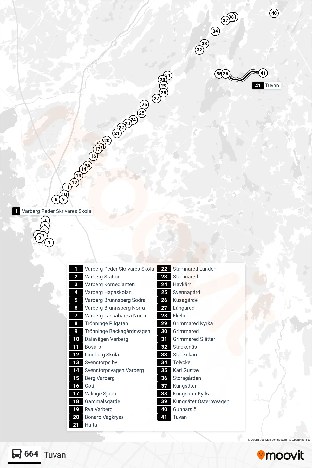 Rutt och hållplatser på karta för linje 664 spårvagn, (Tuvan)