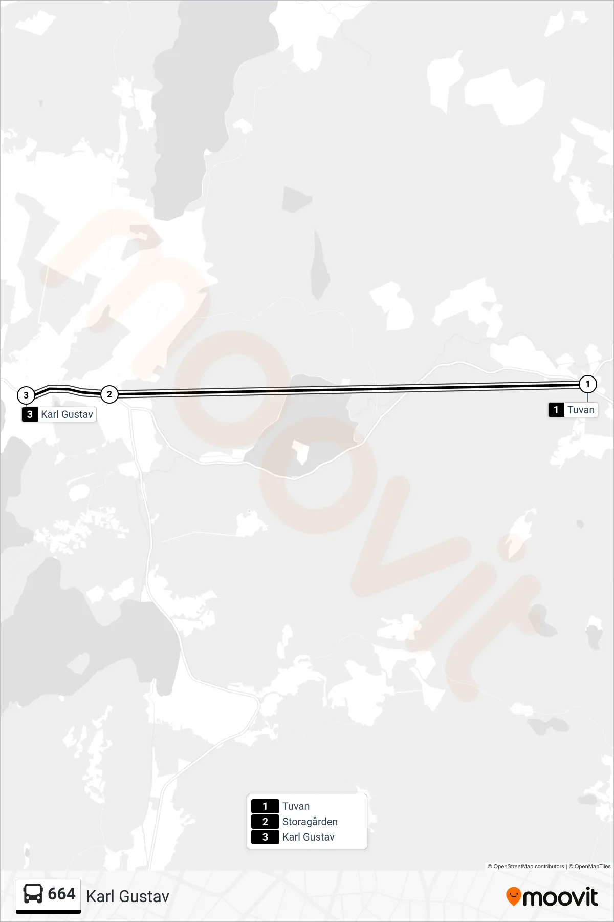 Rutt och hållplatser på karta för linje 664  spårvagn, (Karl Gustav)