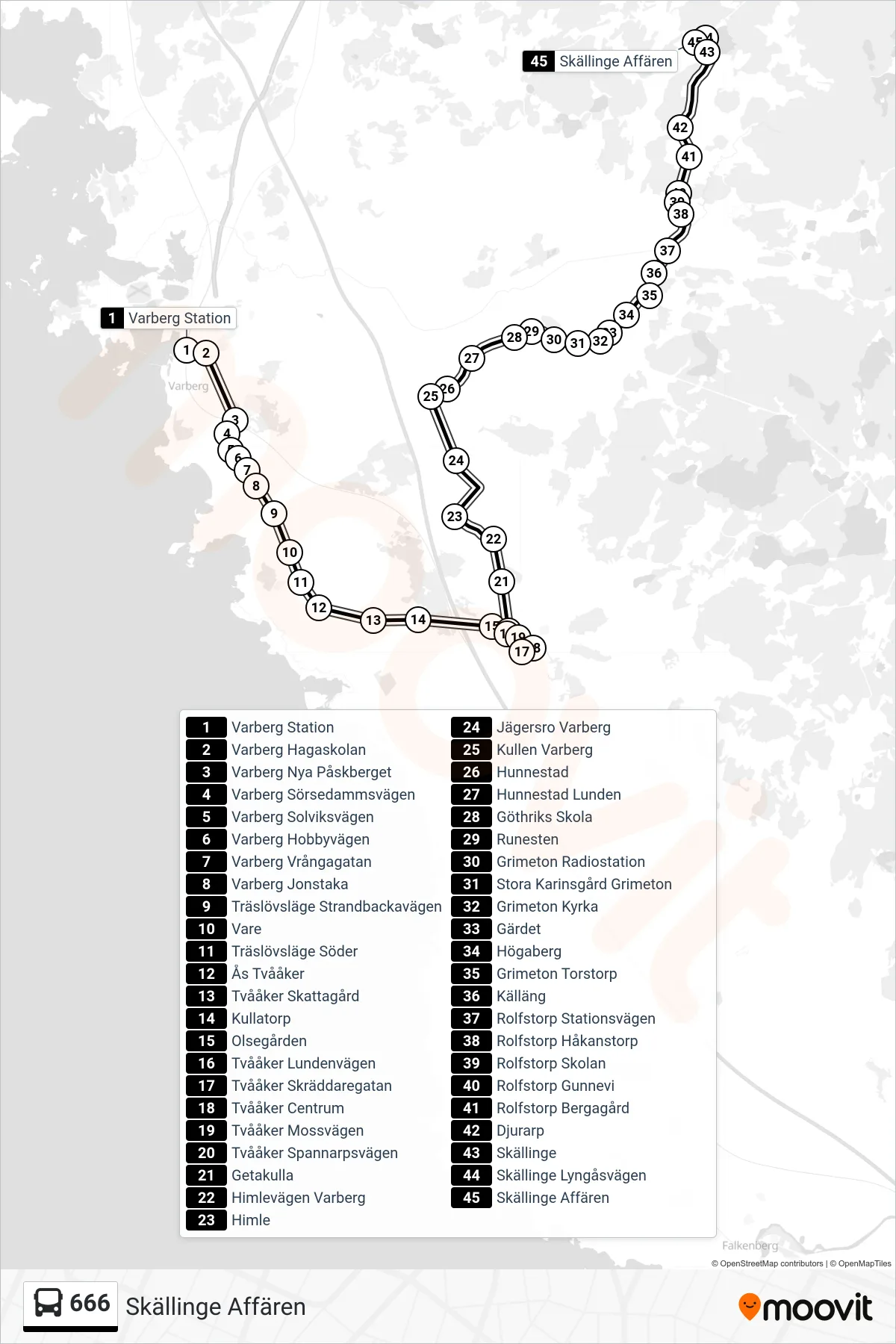 Rutt och hållplatser på karta för linje 666 spårvagn, (Skällinge Affären)