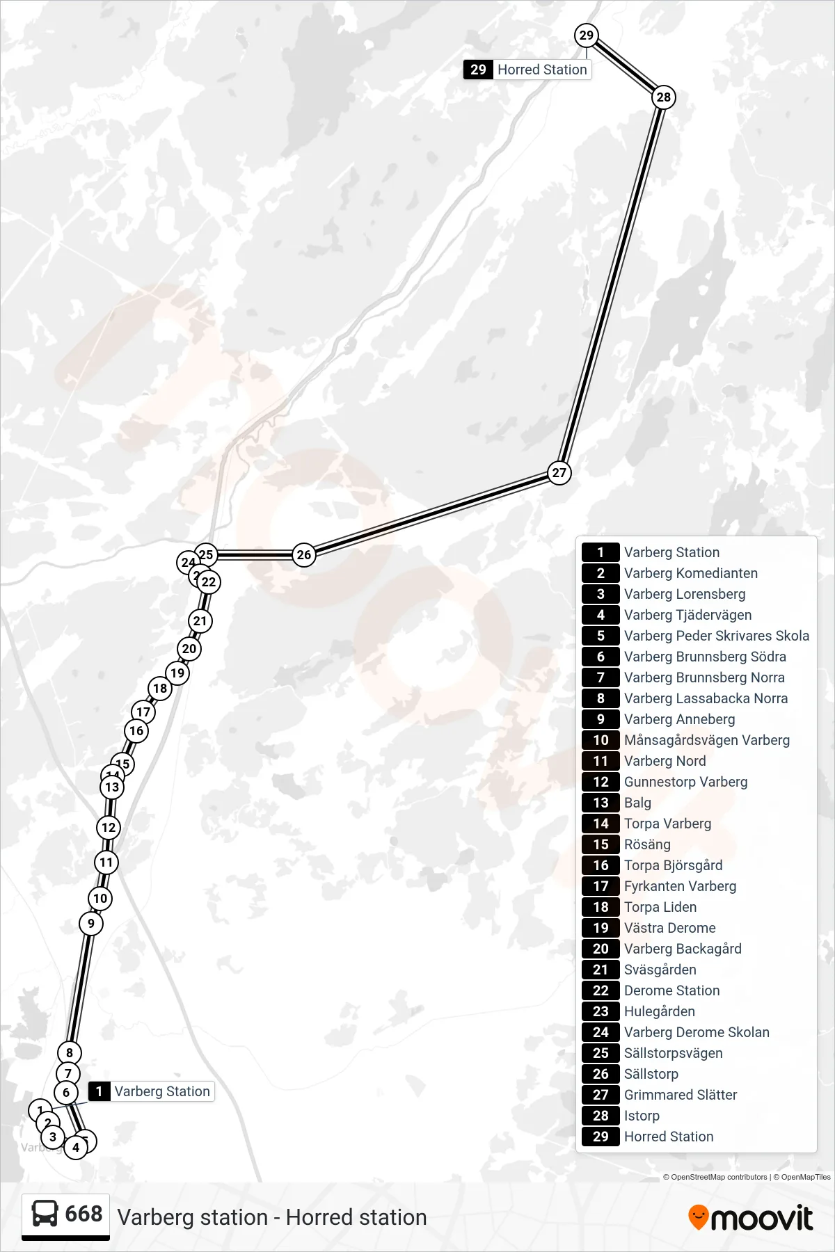 Rutt och hållplatser på karta för linje 668 spårvagn, (Horred Station)