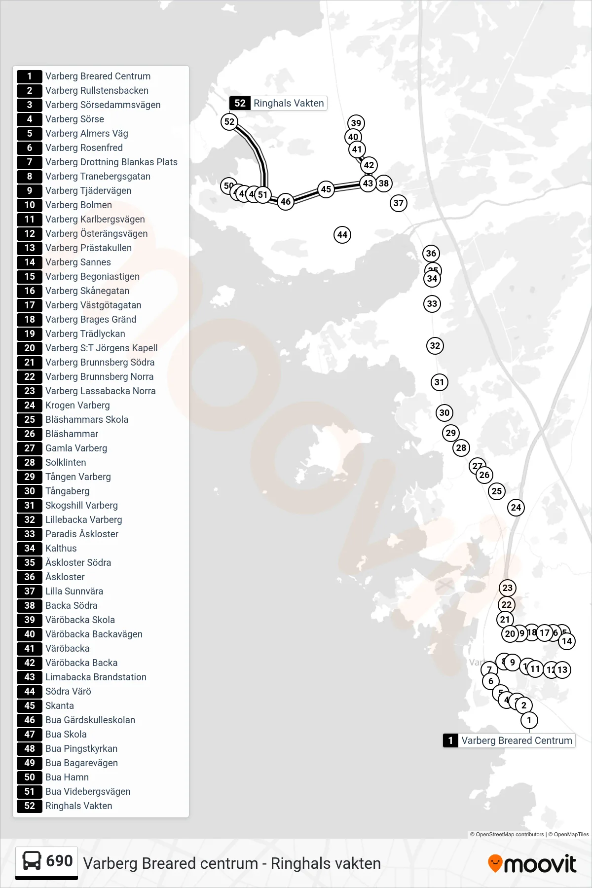 Rutt och hållplatser på karta för linje 690  spårvagn, (Ringhals Vakten)