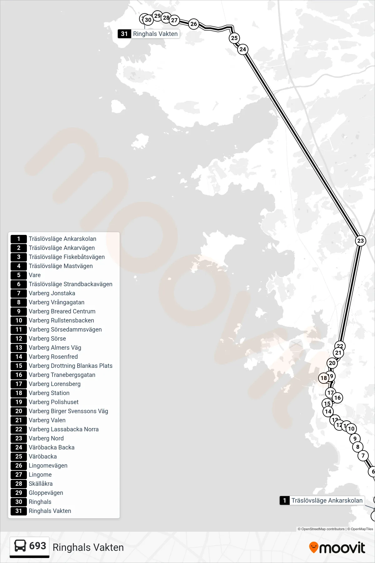 Rutt och hållplatser på karta för linje 693 spårvagn, (Ringhals Vakten)