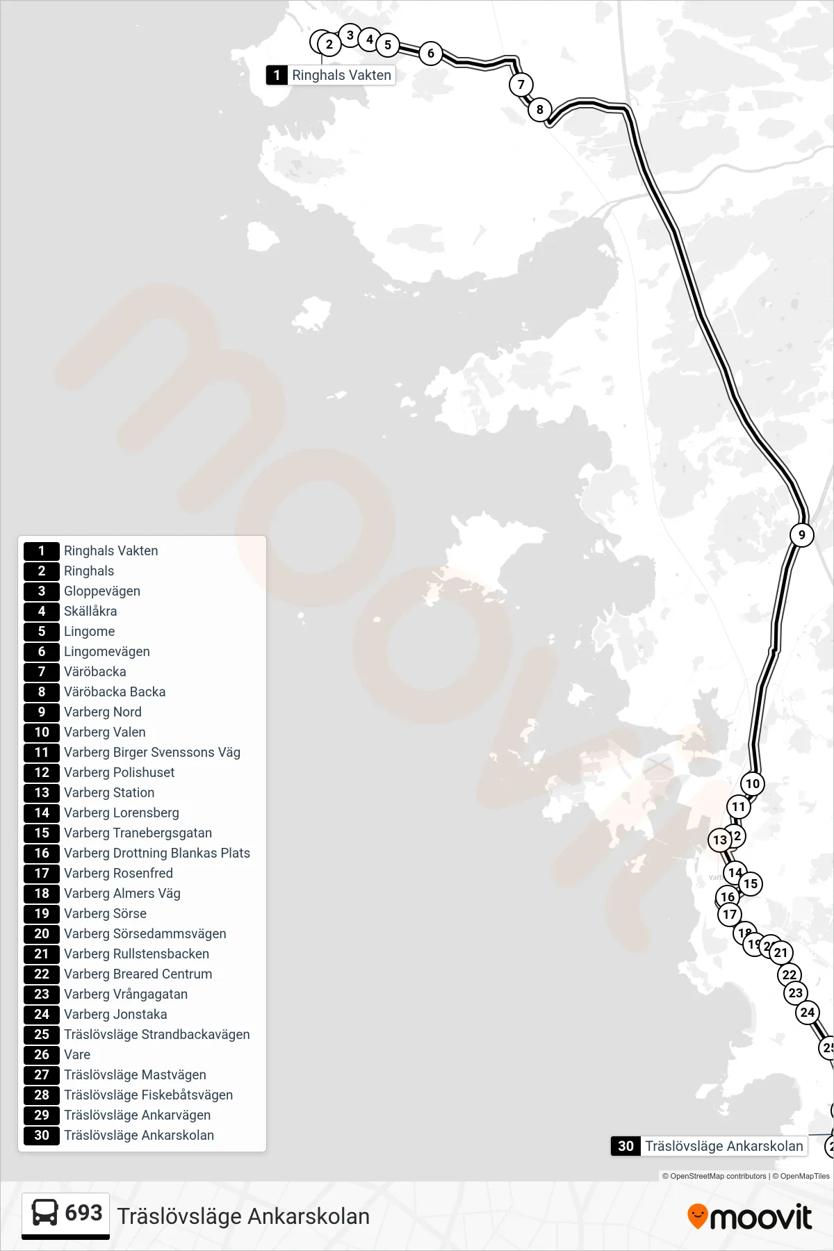 Rutt och hållplatser på karta för linje 693 spårvagn, (Träslövsläge Ankarskolan)