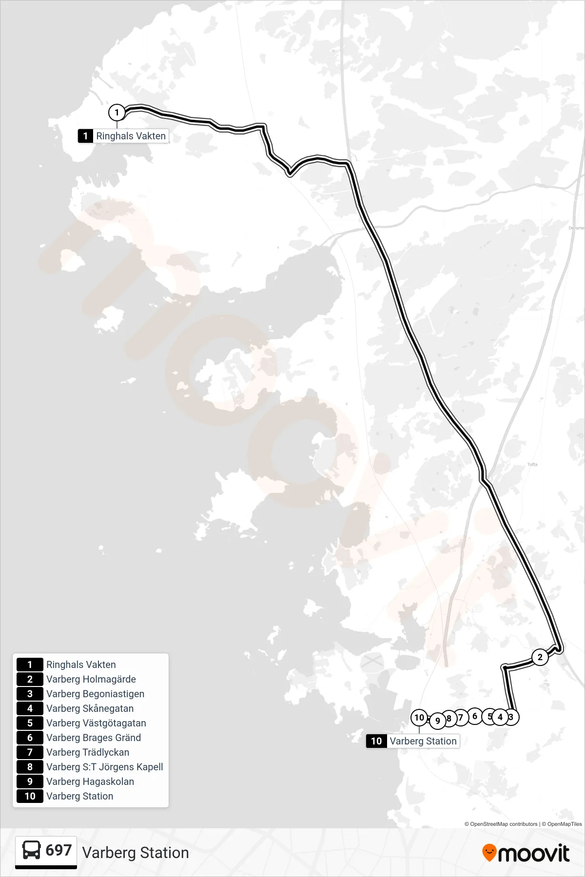 Rutt och hållplatser på karta för linje 697  spårvagn, (Varberg Station)
