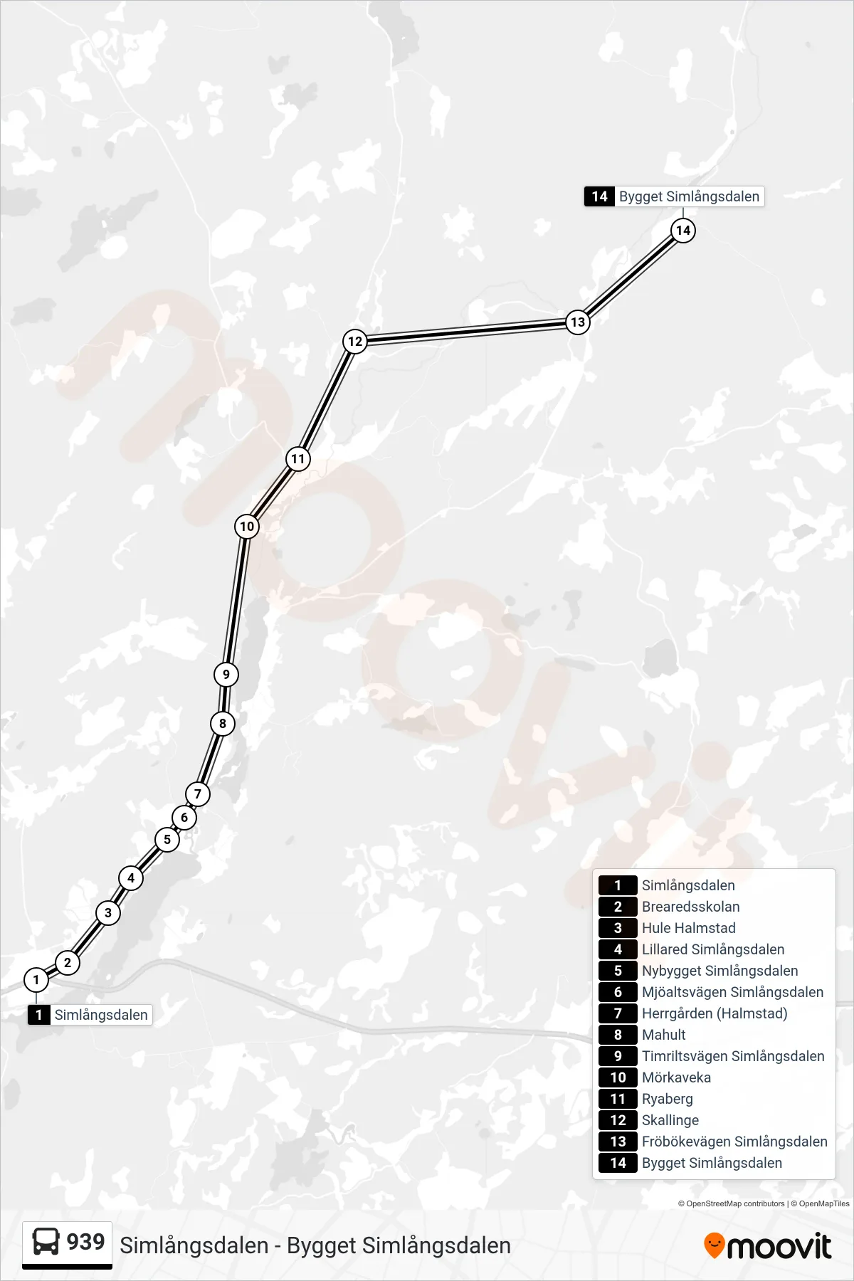 Rutt och hållplatser på karta för linje 939 spårvagn, (Bygget Simlångsdalen)
