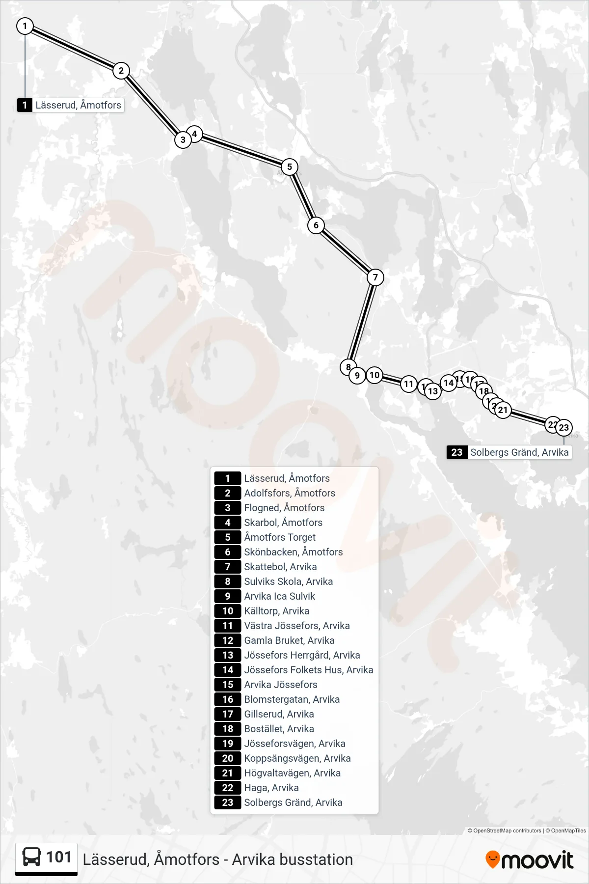 Rutt och hållplatser på karta för linje 101 spårvagn, (Solbergs Gränd, Arvika)