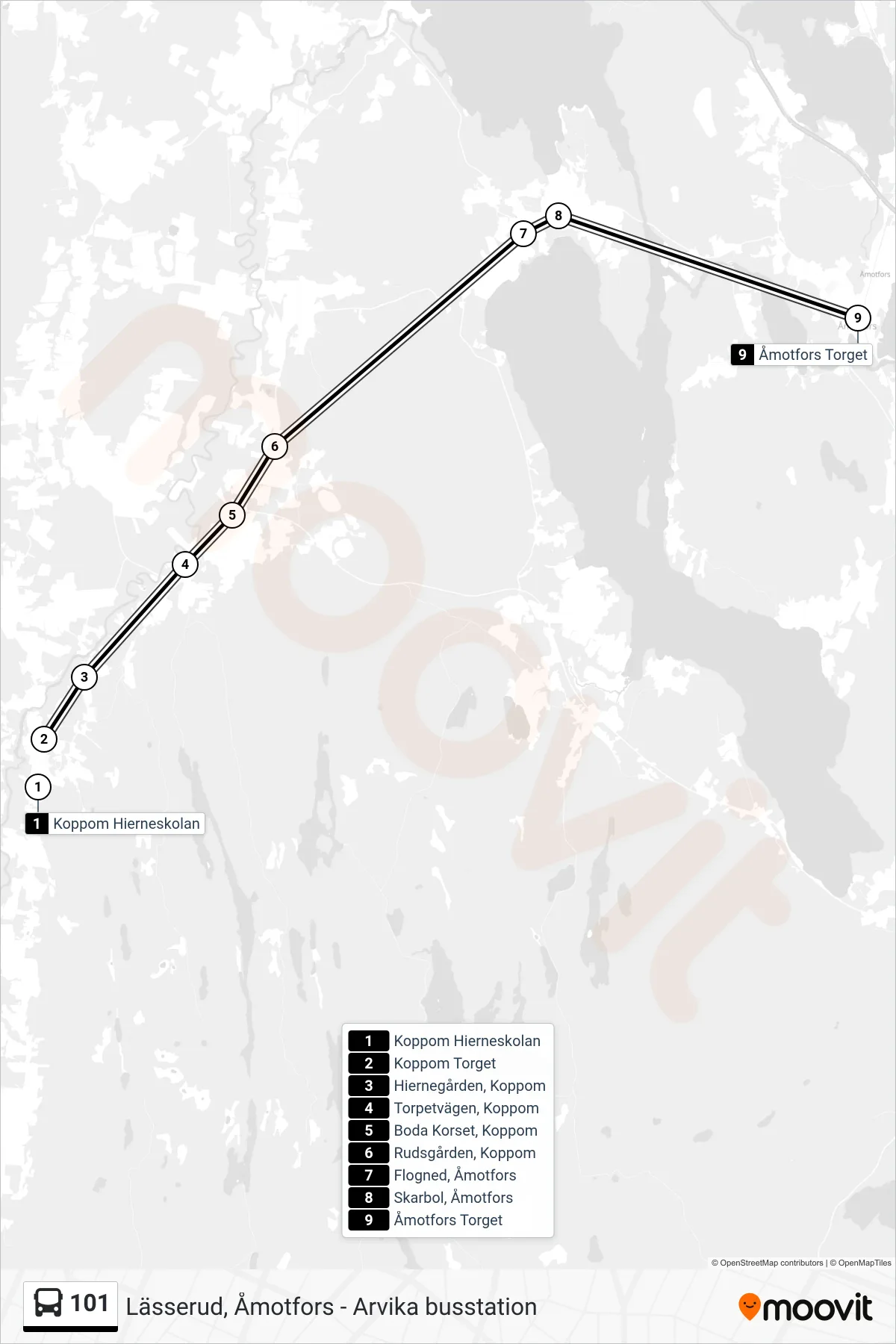 Rutt och hållplatser på karta för linje 101  spårvagn, (Åmotfors Torget)