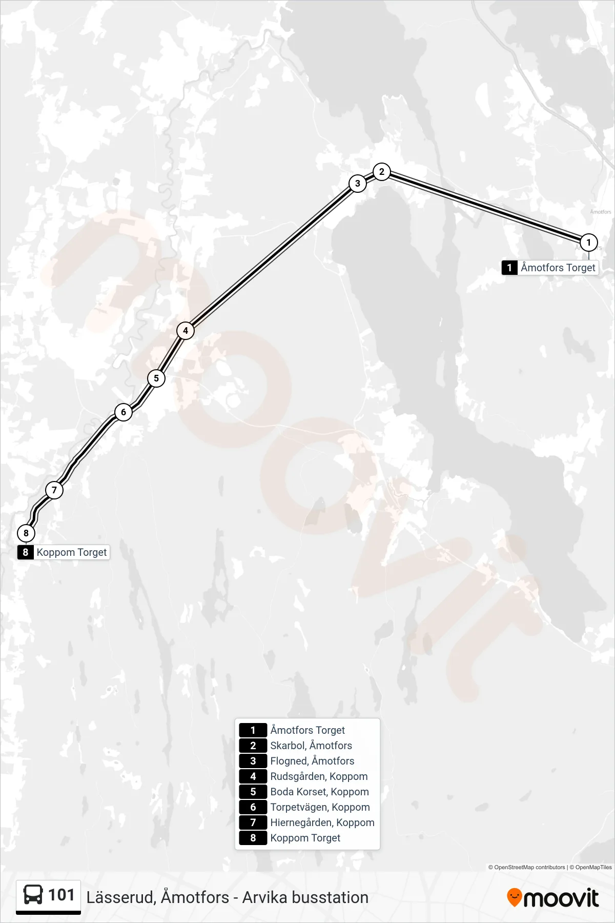 Rutt och hållplatser på karta för linje 101 spårvagn, (Koppom Torget)