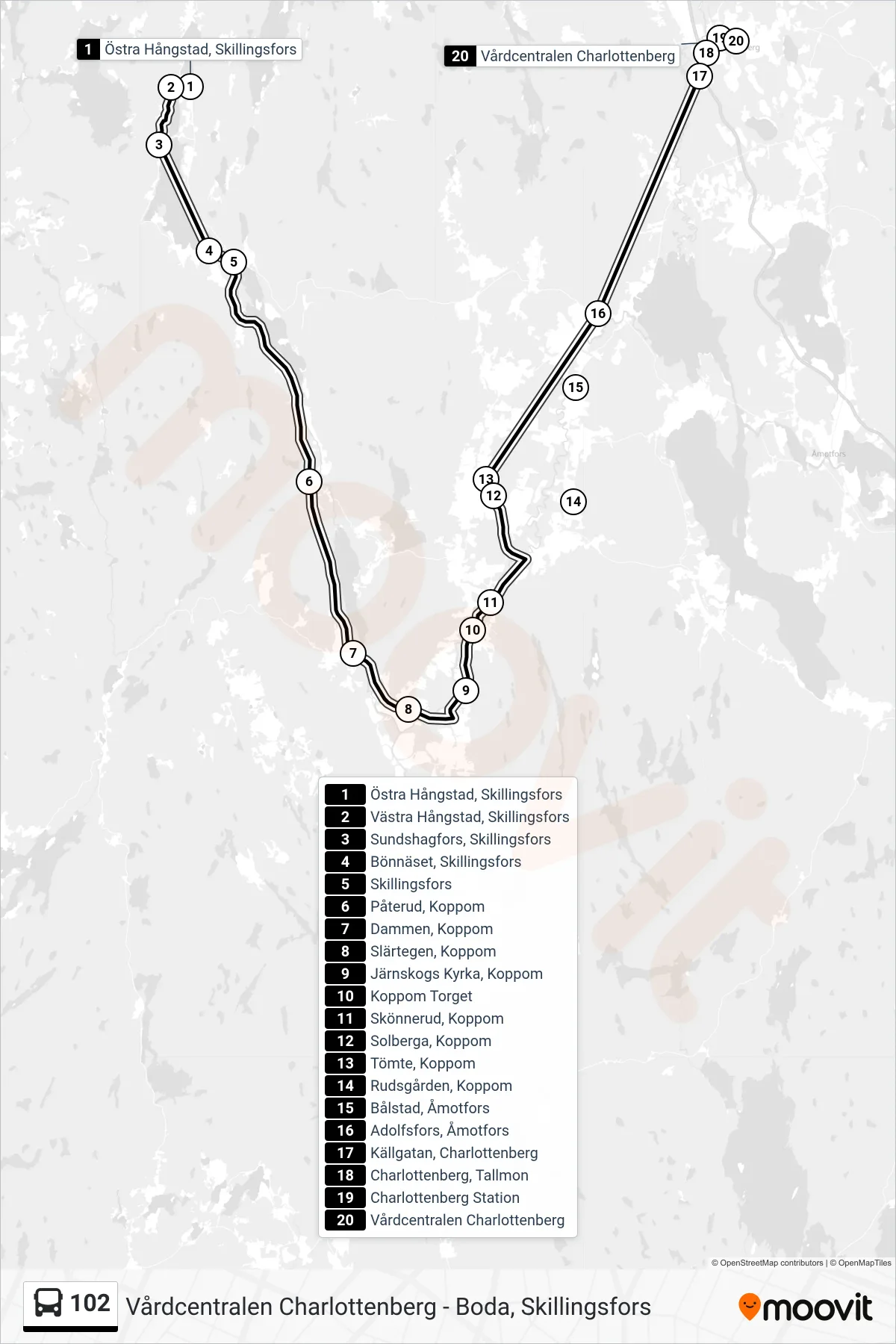 Rutt och hållplatser på karta för linje 102 spårvagn, (Vårdcentralen Charlottenberg)